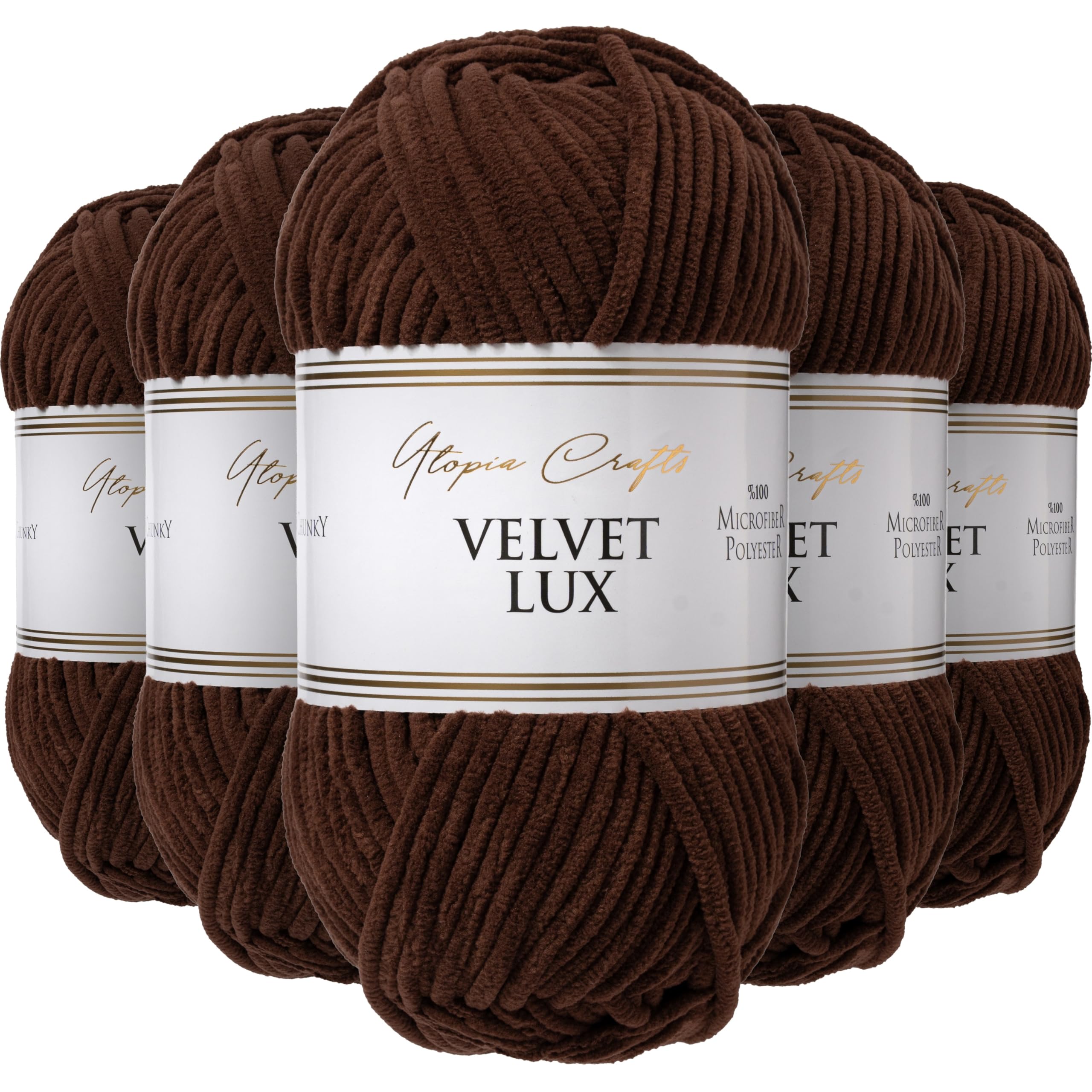 Utopia Crafts Velvet Lux Chenille Super Soft Chunky Yarn for Knitting and Crochet 5X 100g (Dark Brown)