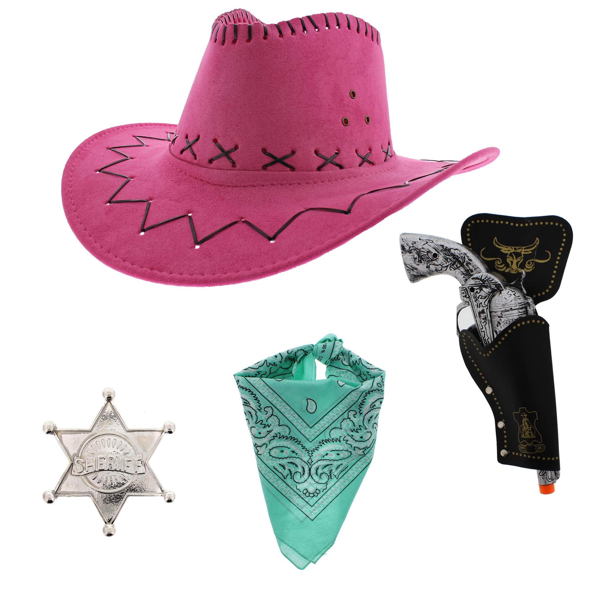 Zac's Alter Ego Fancy Dress Unisex 4 Piece Cowboy Set, Pink Hat, Mint Green Bandana