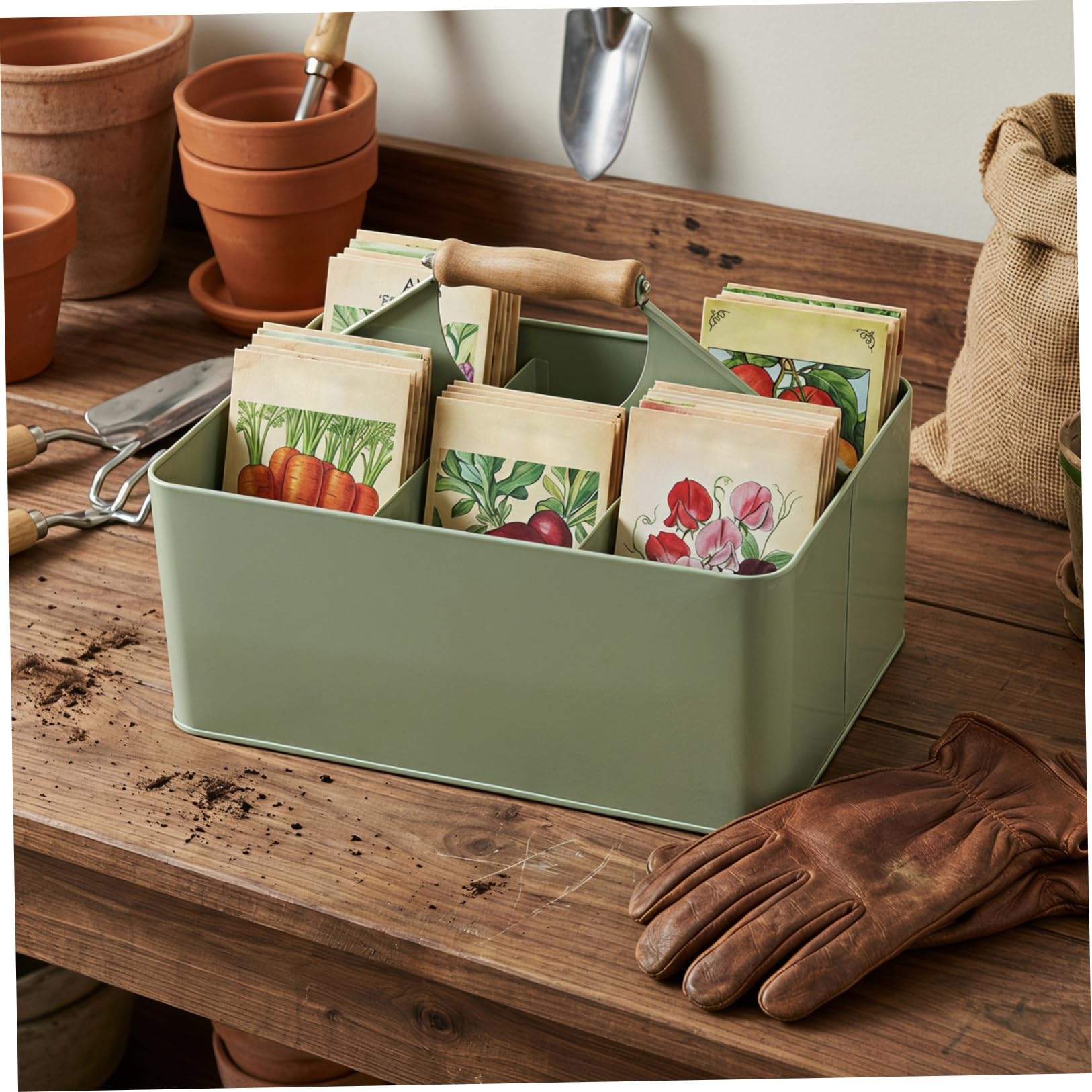 Metall 29,5x22,6x20 Cm mit 4 Fächern Samen Aufbewahrungsbox Garten und Griff aus Eisen und Naturmaterial Grün Verformungsbeständig für Glatte Oberfläche Balkon und Pflanztisch