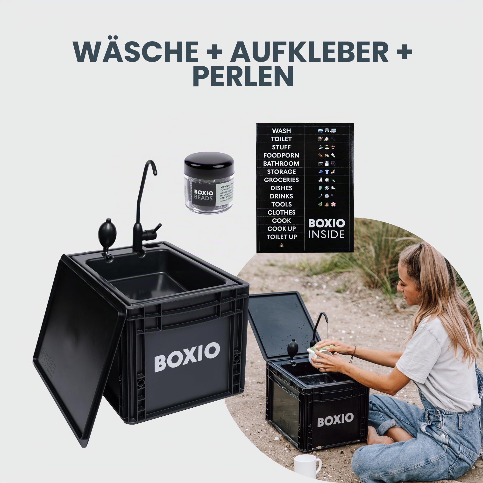 BOXIO - Kitchen Bundle: Mobile Campingküche ohne Strom mit Kochbox, Waschbecken & Gaskocher mit Outdoor Zubehör Schneidbrett, Kühlakkus, Sitzkissen UVM. Perfekte All-in-one Lösung