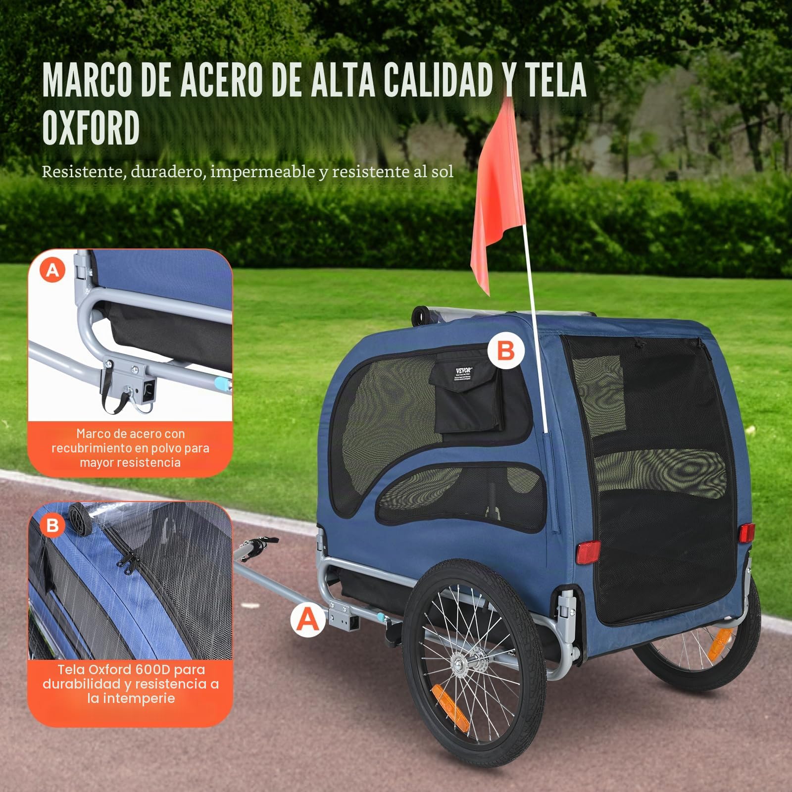 VEVOR Remolque para Perros, 30 kg, Acero al Carbono, Tejido Oxford 600D, Polipropileno, Plegable, 1440 x 720 x 779 mm, tamaño Plegado 760 x 560 x 195 mm, Color Naranja y Gris