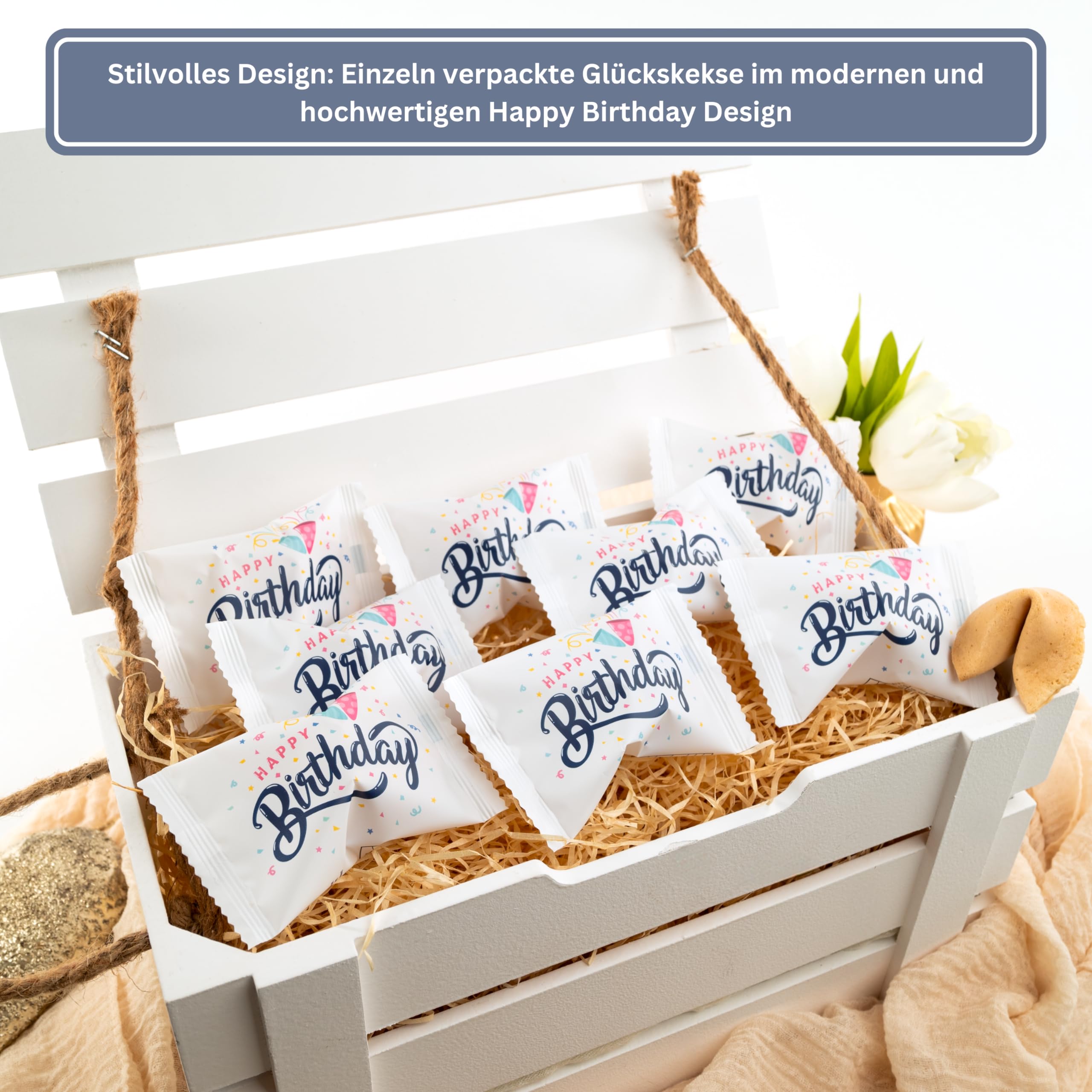 Lucky Treats - Geburtstags Glückskekse - 200 Stück - Happy Birthday - Mit liebevollen Botschaften - Perfekt für Geburtstagsfeiern & als liebevolles Gastgeschenk