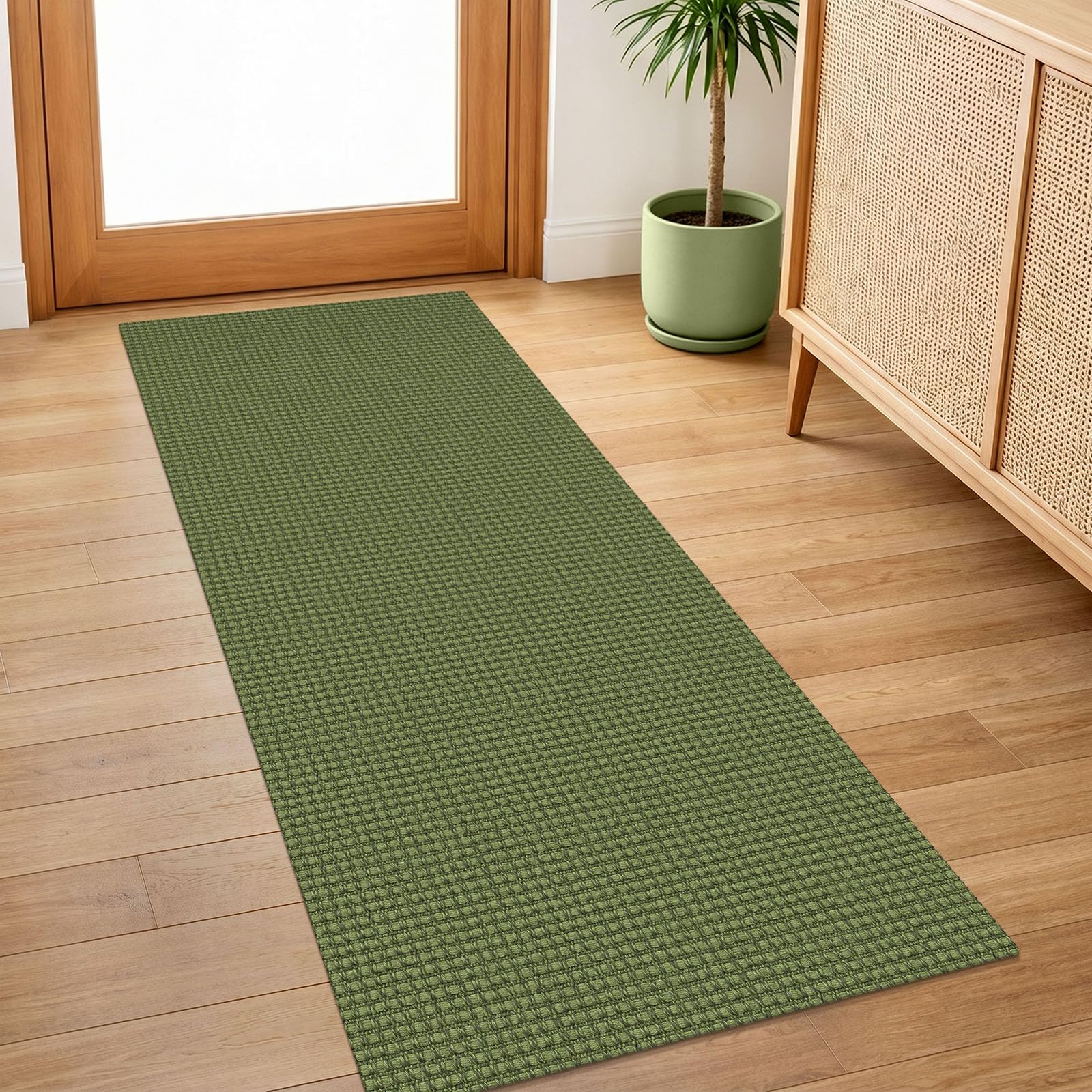 IOHOUZE Washable Runner Rug 2x5 Non Slip Runners for Hallways Entryway Runner Indoor, Kitchen Throw Rug Woven Cotton Floor Carpet for Hall Entrance Bedroom, Olive Green/Earthy Green