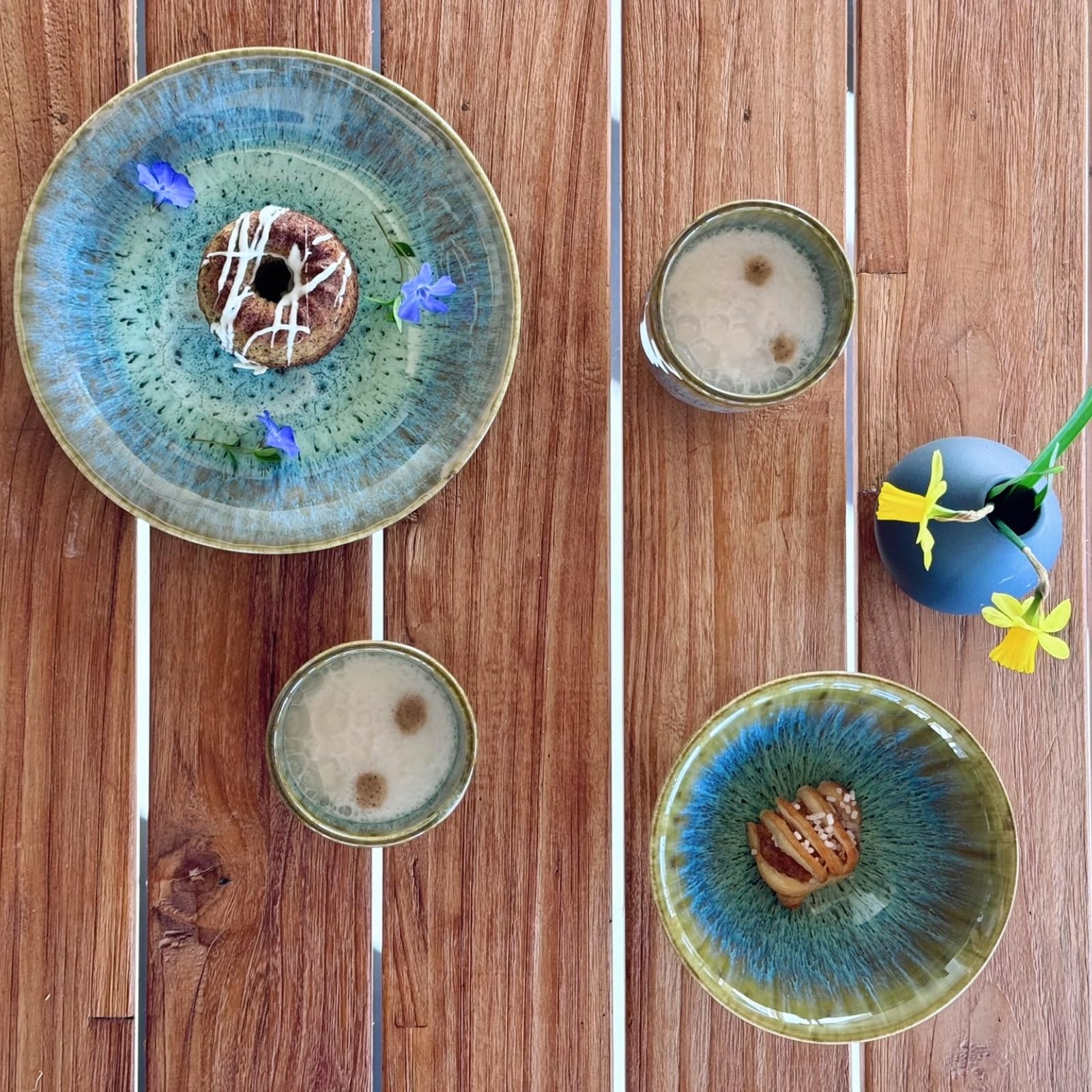 Teller-Set, Steinzeug Flussufer blau, grün, braun