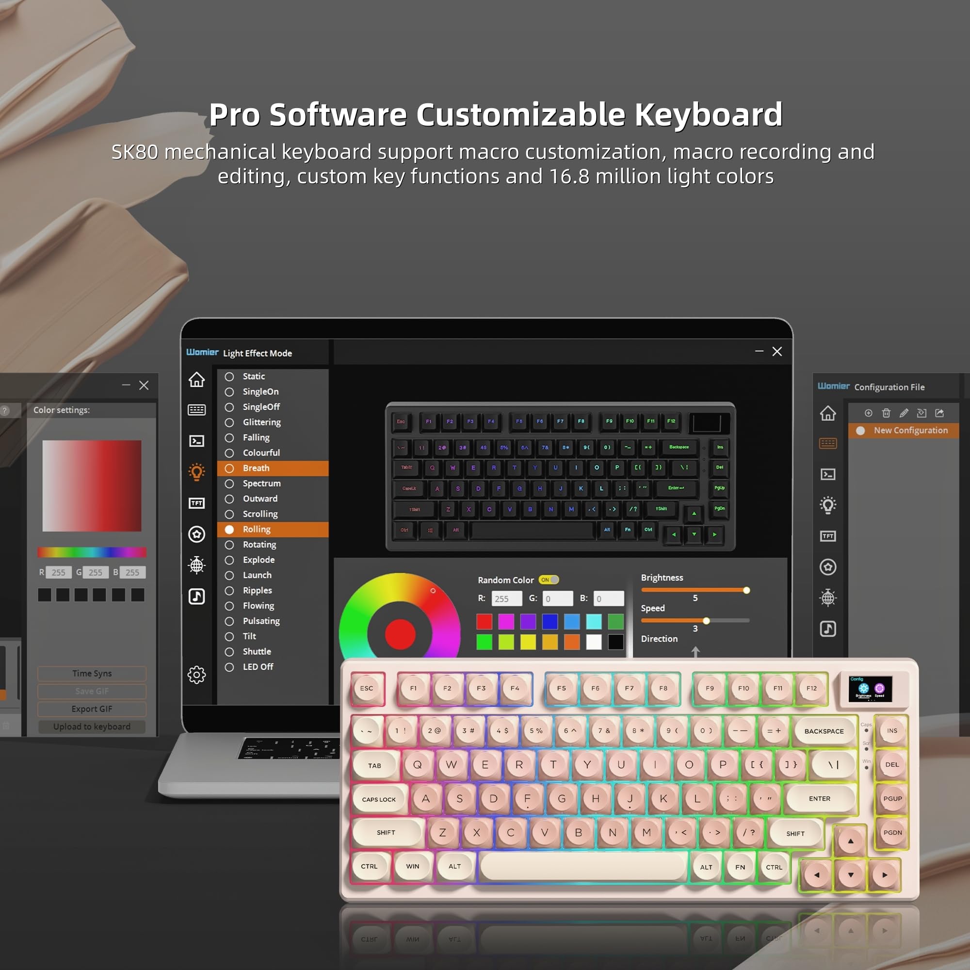 Womier Tastiera meccanica SK80 75% Foundation con display multimediale | Jelly Keycaps - Tastiere color crema per gaming, con cavo RGB e interruttore POM pre-lubrificato per Mac/Win, rosa