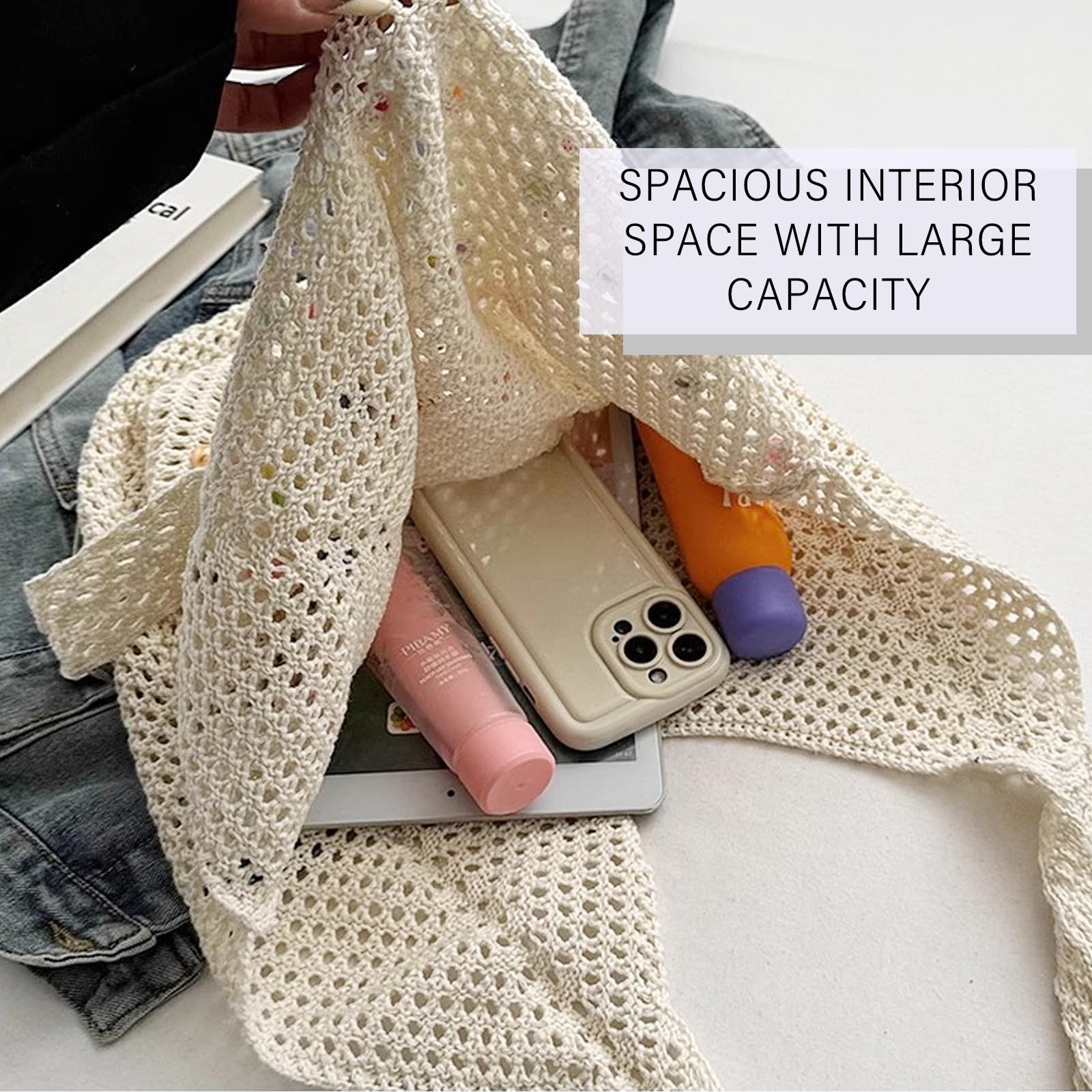 Bolso de Playa para Mujer, Bolsa de Playa para Mujer, Bolso de Hombro de Malla Estética, Grande Bolsos de Hombro Tejido, Bolsos de Playa de Malla para Fiestas en la Playa Viajes Compras
