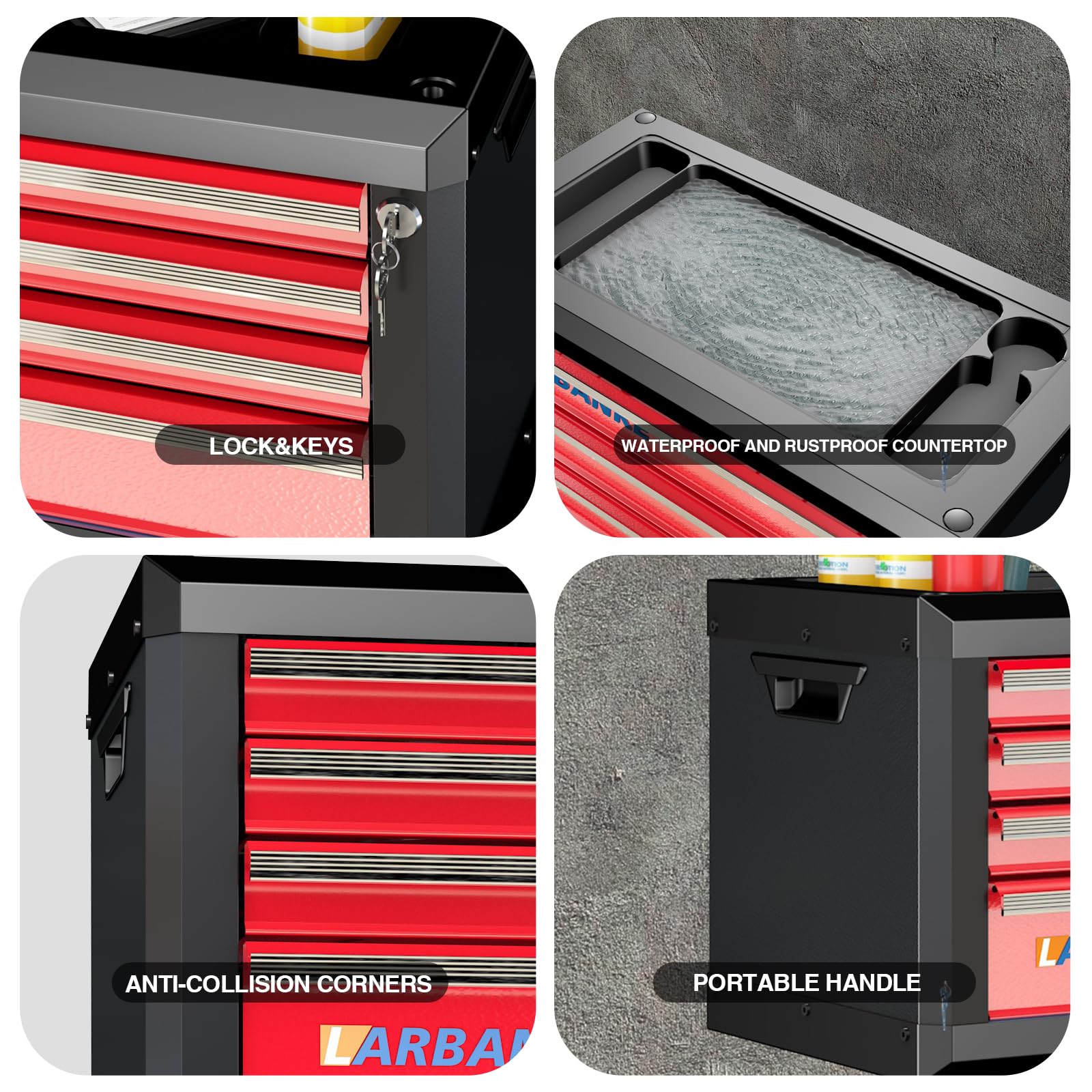 LARBANKE Boîte à outils à 4 tiroirs, boîte à outils portable avec serrure et clés, boîte à outils avec plan de travail étanche et résistant à la rouille, coin anti-collision, tiges de connexion