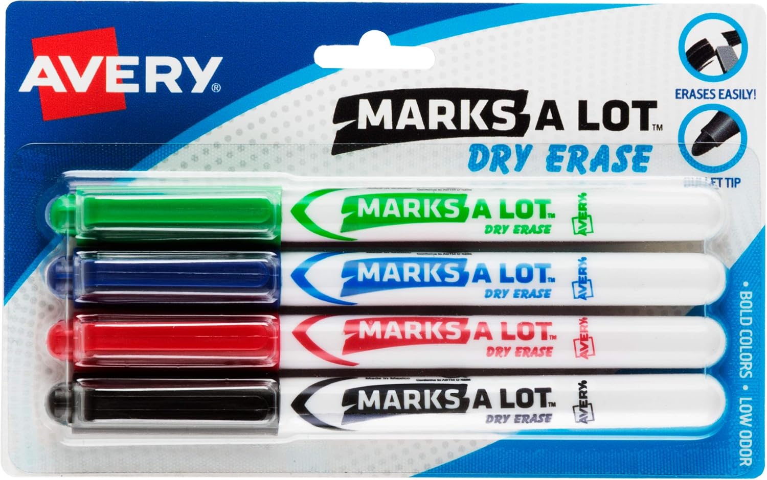 Avery® Marks A Lot® Dry Erase Markers, Bullet Tip, 4 Assorted Markers