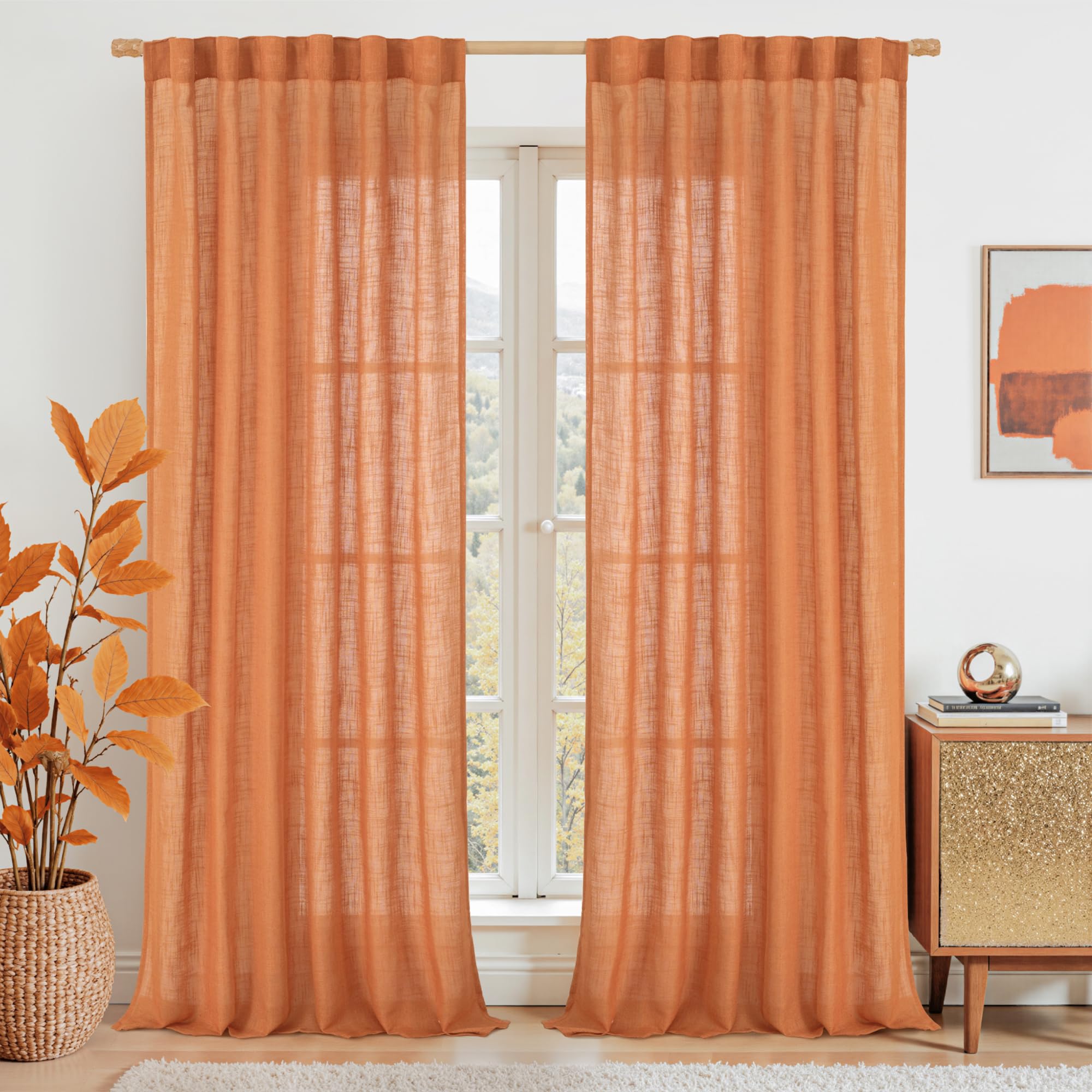 LAMIT Burnt Orange Sheer Linen Curtains, 84 inch Light Filtering Semi Sheer Panels Back Tab and Rod Pocket Farmhouse Rust Drapes for Bedroom/Living Room, 2 Panels, 52 x 84 Inch โ image 1