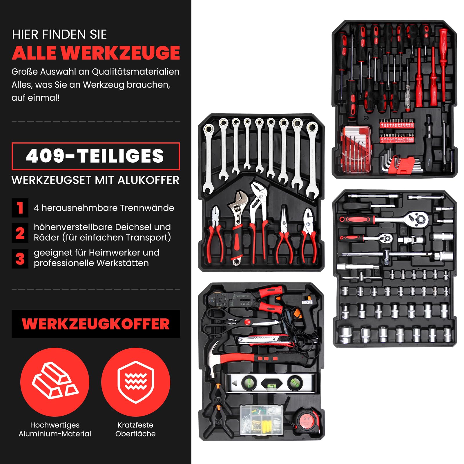 WALTER STAHL Werkzeugkoffer gefüllt 409 tlg | Werkzeugkasten | Aluminiumkoffer | Werkzeug Set | für Werkstatt und Haushalt, inkl.Schraubenschlüssel, Zangen etc
