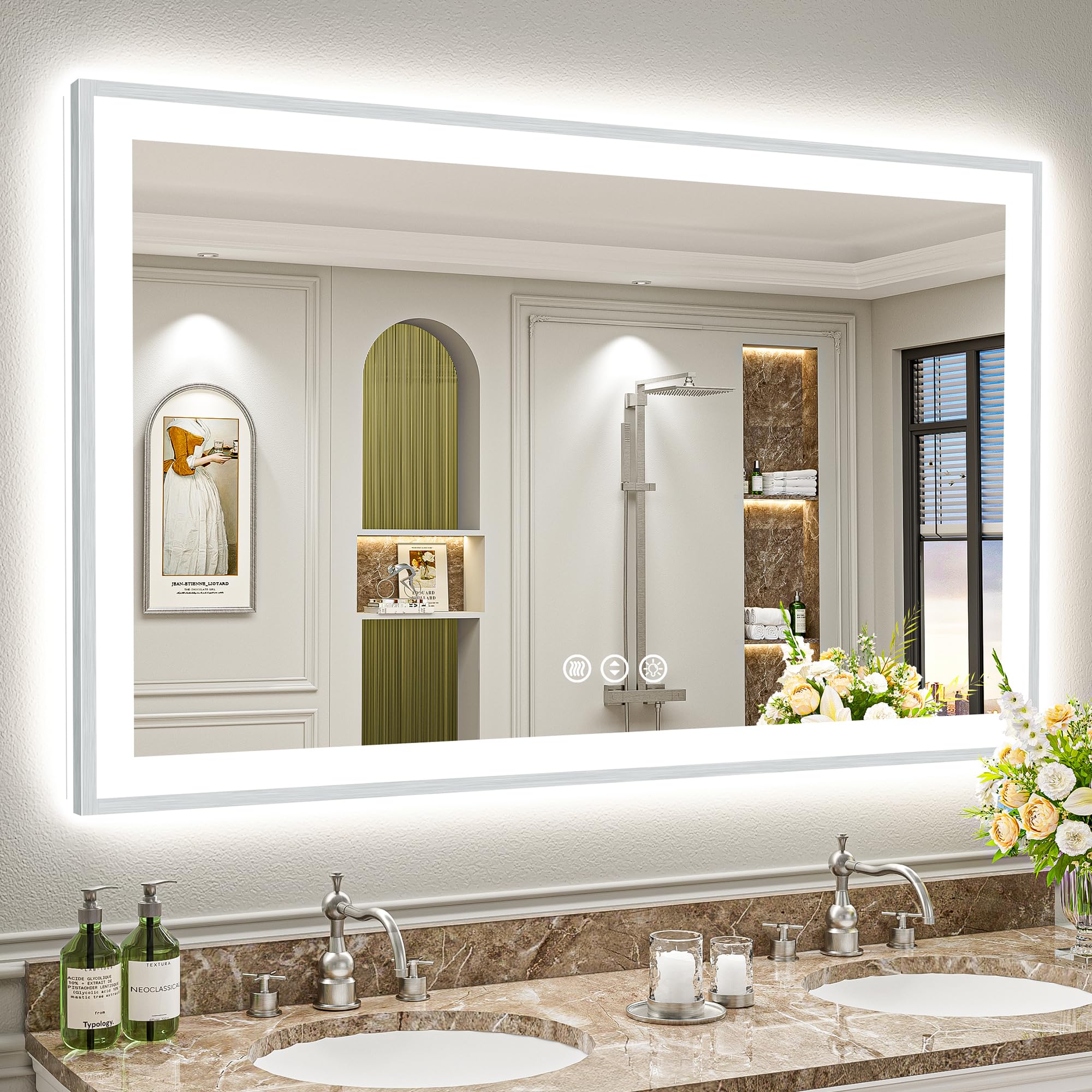 55x36 Inch Brushed Nickel LED Bathroom Mirror, Backlit &amp; Front-Lit | Silver Framed, Anti-Fog Lighted Vanity Mirror, Dimmable, 3-Color Temp, Memory, CRI95, Shatterproof, Tempered Glass, UL Listed