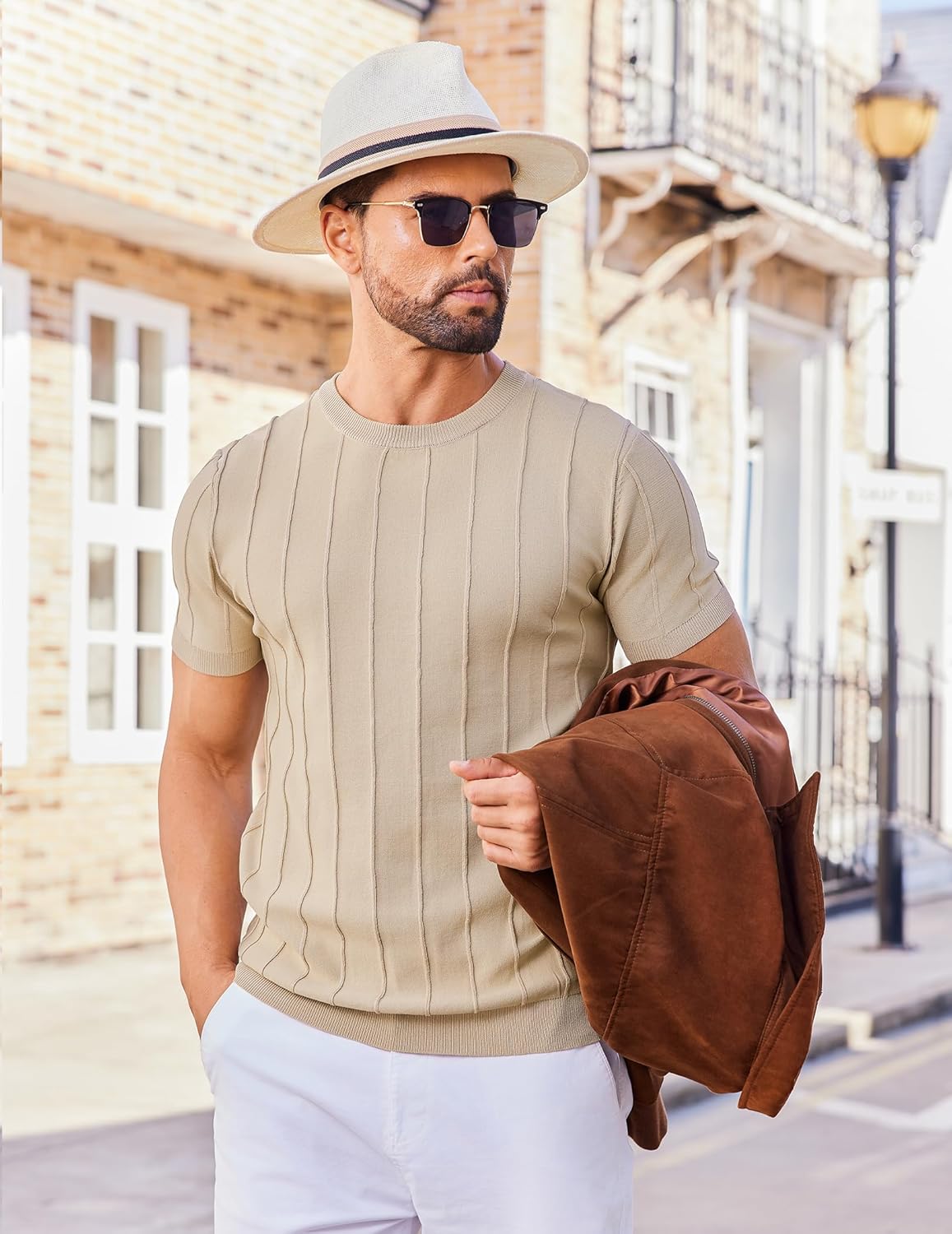 COOFANDY Men's T- Shirts Short Sleeve Knit Sweater Shirt Casual Crewneck Ribbed Pullover Tees - Image 4