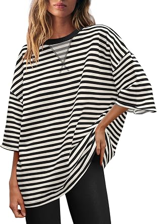 Panadila Womens Striped Short Sleeve Tunic Tops Oversized Crewneck T Shirt Casual Loose Fit Color Block Sweatshirt