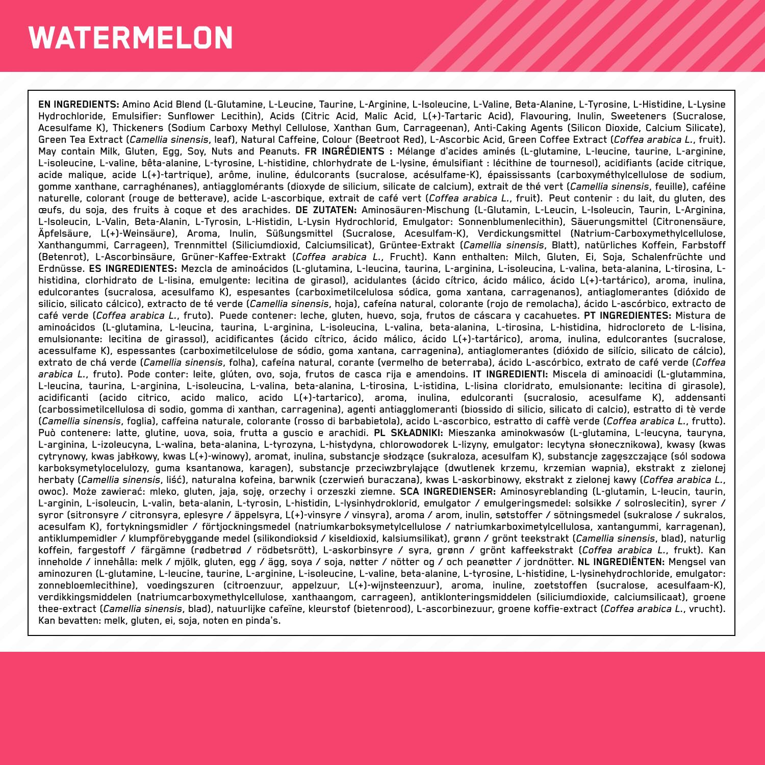 Optimum Nutrition Amino Energy Pre Workout en poudre, boisson énergisante avec acides aminés, BCAA, L-Glutamine et L-Leucine, complément vitamine C caféine, goût Pastèque, 30 portions, 270 g