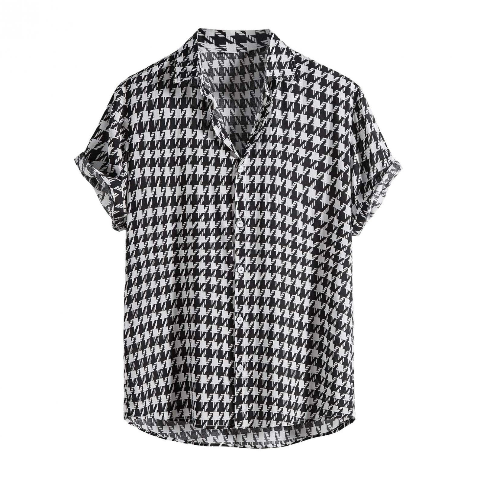 CHAOENMen's Short Sleeve Button Down Shirts Casual Regular-Fit Hippie Shirt Summer Vintage Houndstooth Collared Shirt
