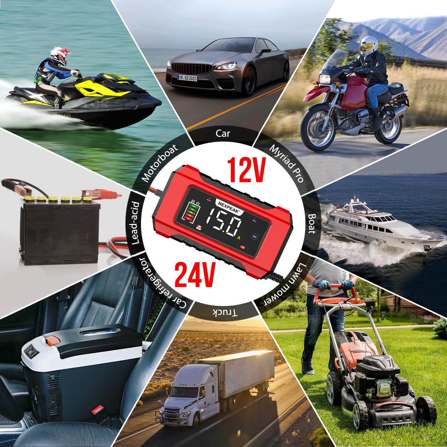NEXPEAK NC215 15A Autobatterie Ladegerät, 12V 24V LiFePO4 Blei-Säure Tragbares Autobatterieladegerät 9-stufiges Intelligentes Batterieladegerät für Auto, LKW, Motorrad, Rasenmäher, Boot, Marine