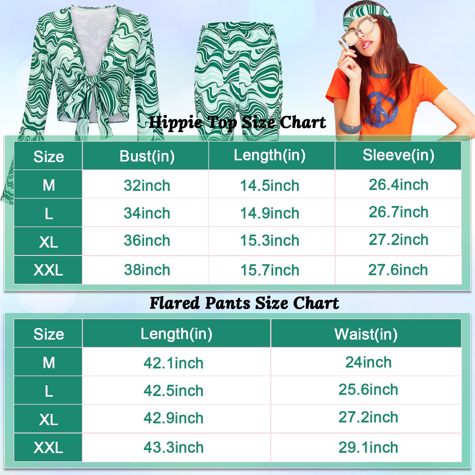 60/70s Disco Fancy Dress for Women 1970s Hippie Costume Outfit with Flared Top Trousers Headband Necklace Earrings Bracelet Waist Chain Glasses Hippy Style Clothes for Ladies Dress Up Retro Party - Image 2
