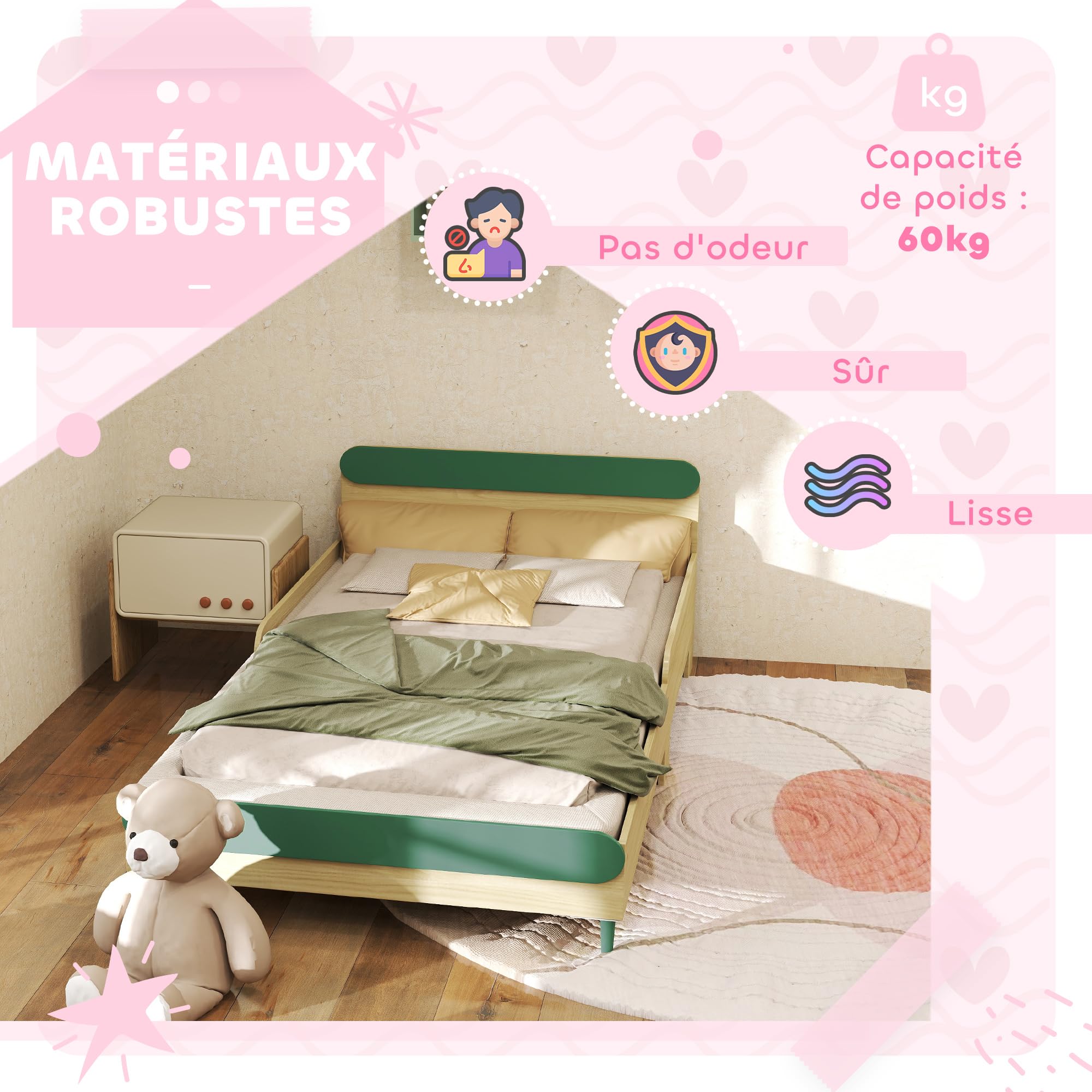 Lit Enfant Aiyaplay Lit Pour Enfant 3-6 Ans Design Ourson - Sommier à Lattes Inclus - Barrières