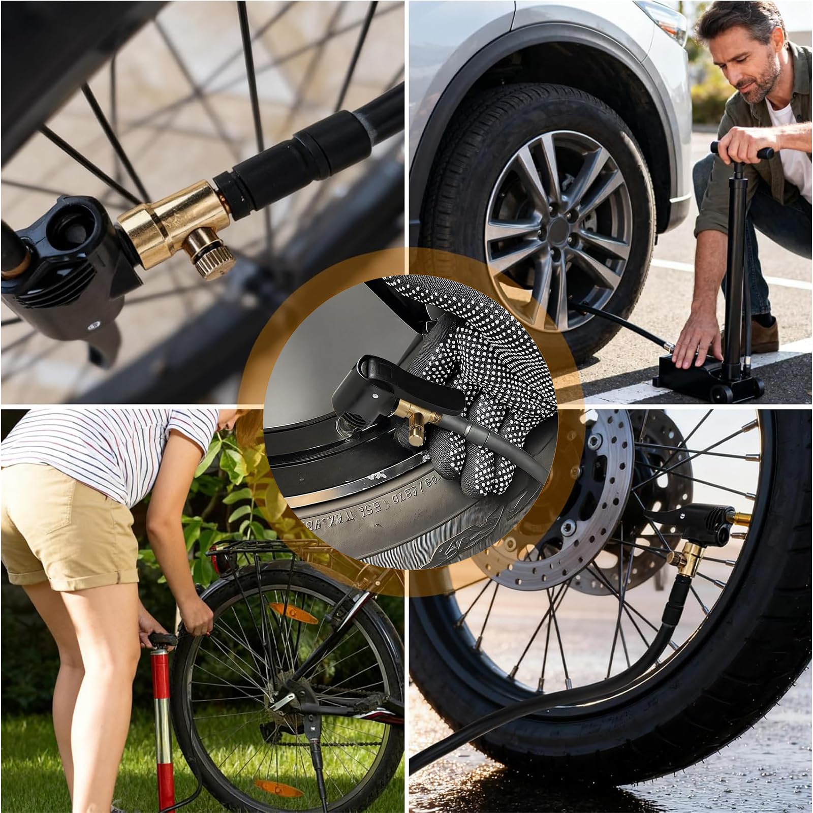 2 raccordi a Leva in Ottone per valvole Auto, Adattatore compressore per valvole Pneumatici Bici (Due raccordi + Tubo Nero da 16 cm + Accessori)