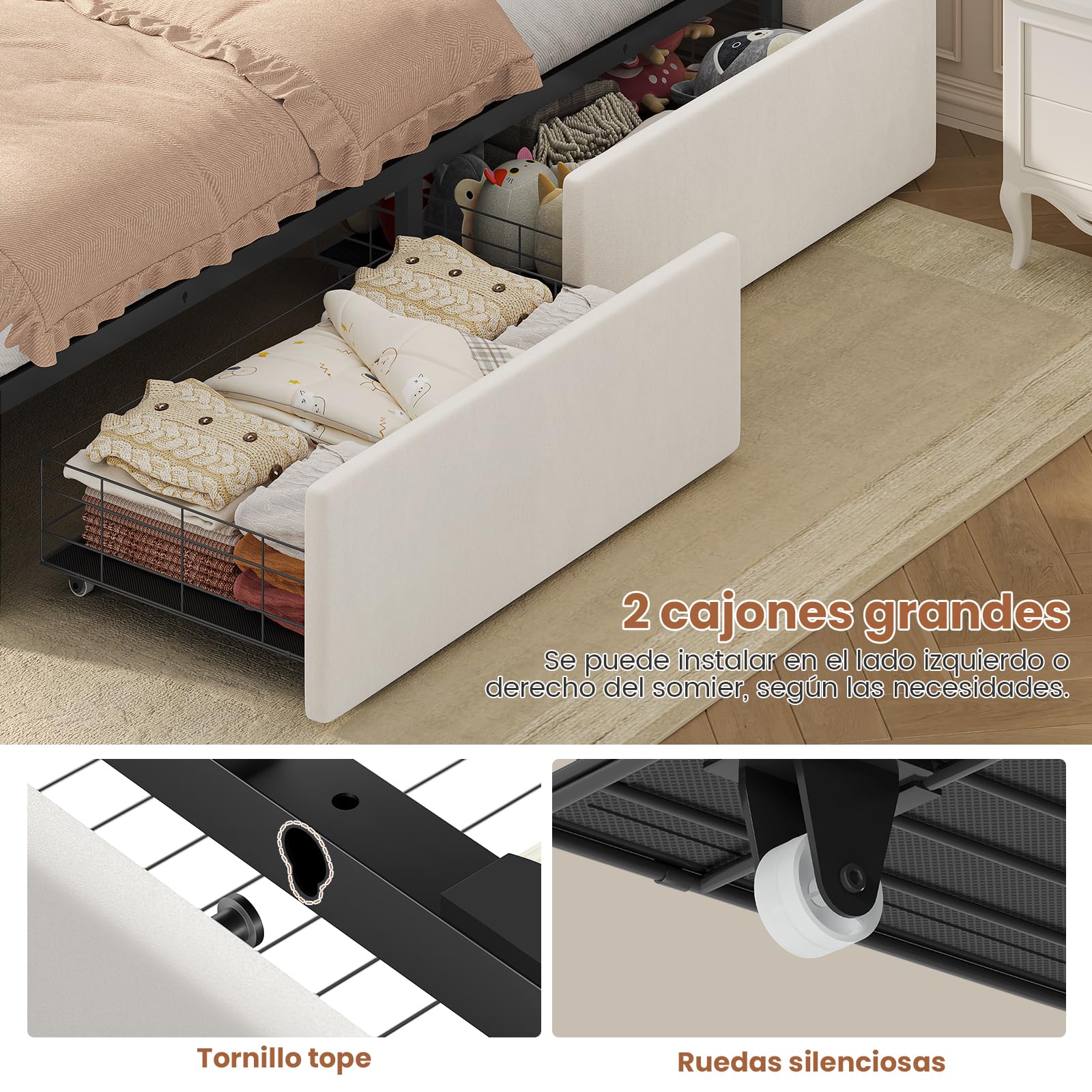 AOGLLATI Cama Juvenil 140x190cm, Cama Princesa, Camas Matrimoniales, Bianco | 2 Cajones de Almacenaje, Iluminación LED, Estación de Carga, Cabecero Tapizado, Bordes Redondeados, Modo música, Terciopelo