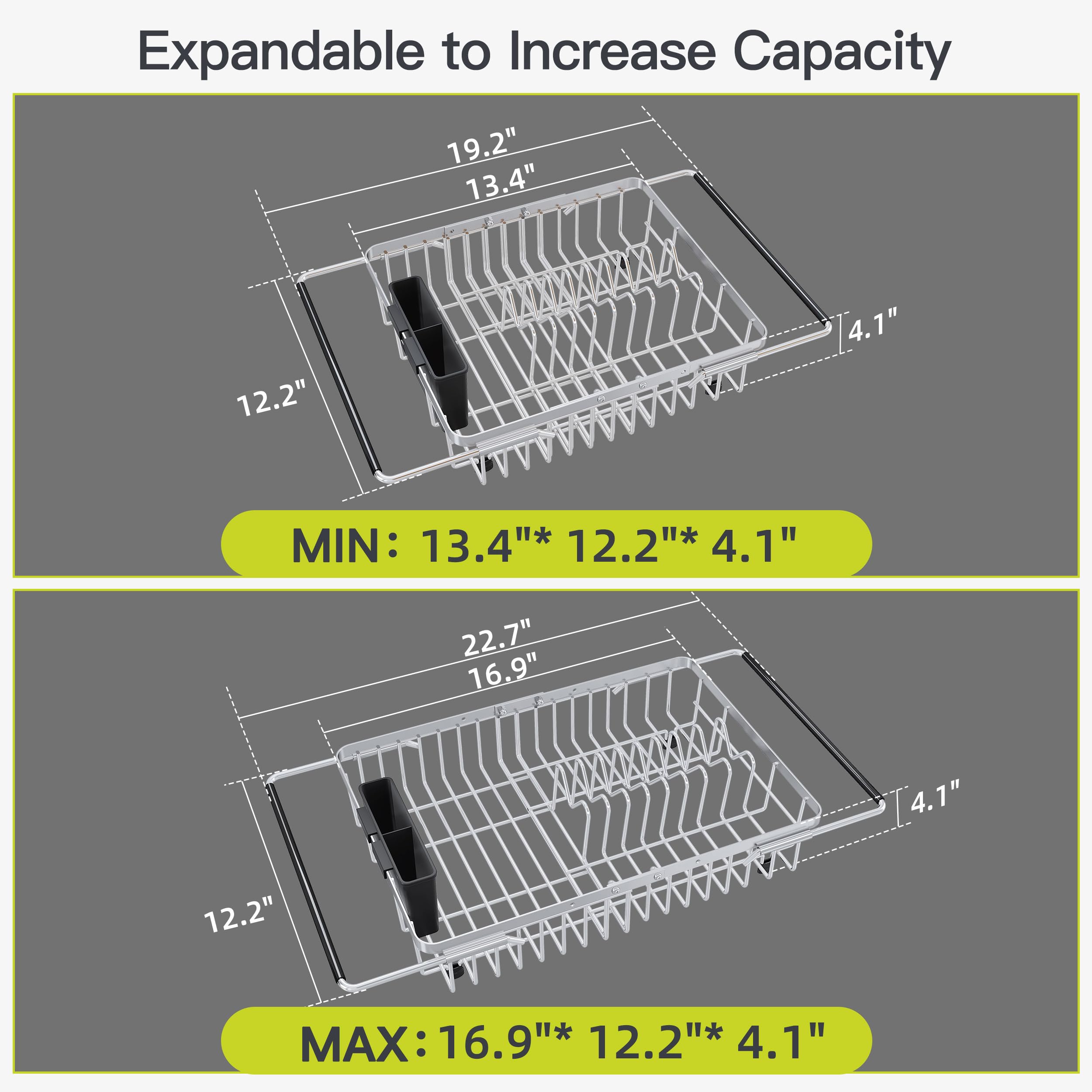 JASIWAY Escurridor de platos extensible de acero inoxidable sobre el fregadero para cocina pequeña, ahorro de espacio, escurridor de platos compacto, soporte de metal ajustable para colgar platos con