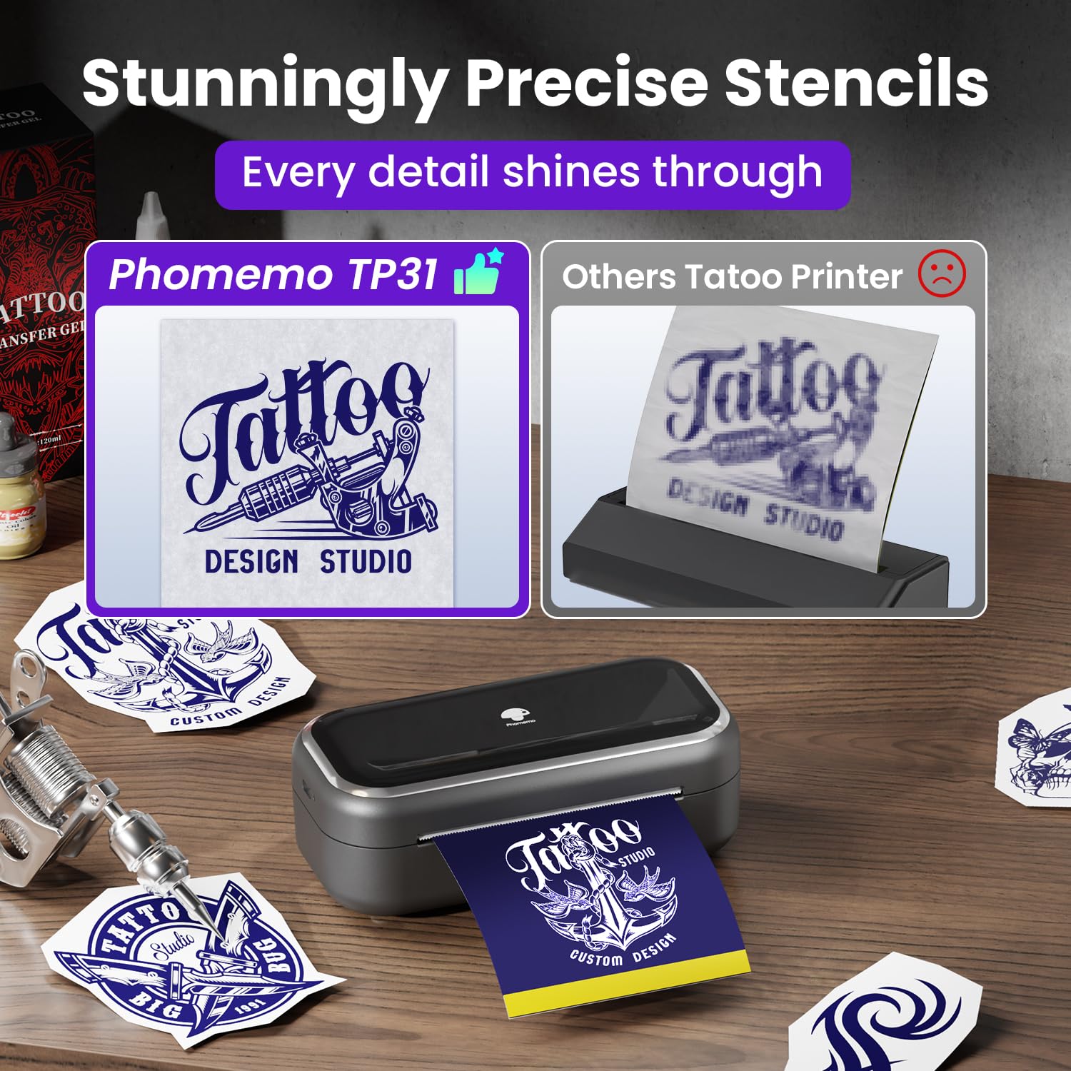Phomemo TP31 Tattoo Drucker, Aufgerüstet Mini Tattoo Stencil Drucker 3 Zoll, Tattoodrucker mit 30pcs Papier für Anfänger, Tätowierer, Tattoo Printer Bluetooth Kompatibel mit Smartphone, Tablet