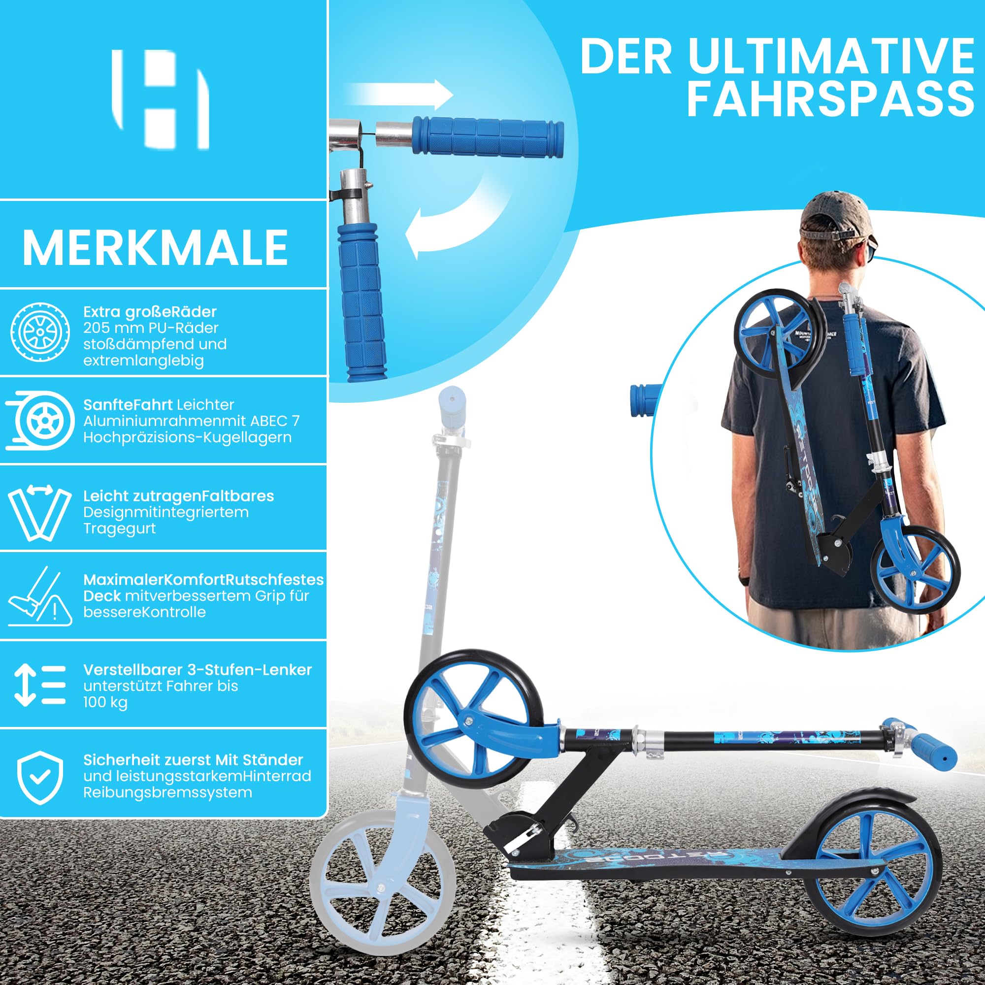 Habib Cityroller Tretroller Kinder ab 6 Jahre, XXL 205mm, klappbar, 100 kg