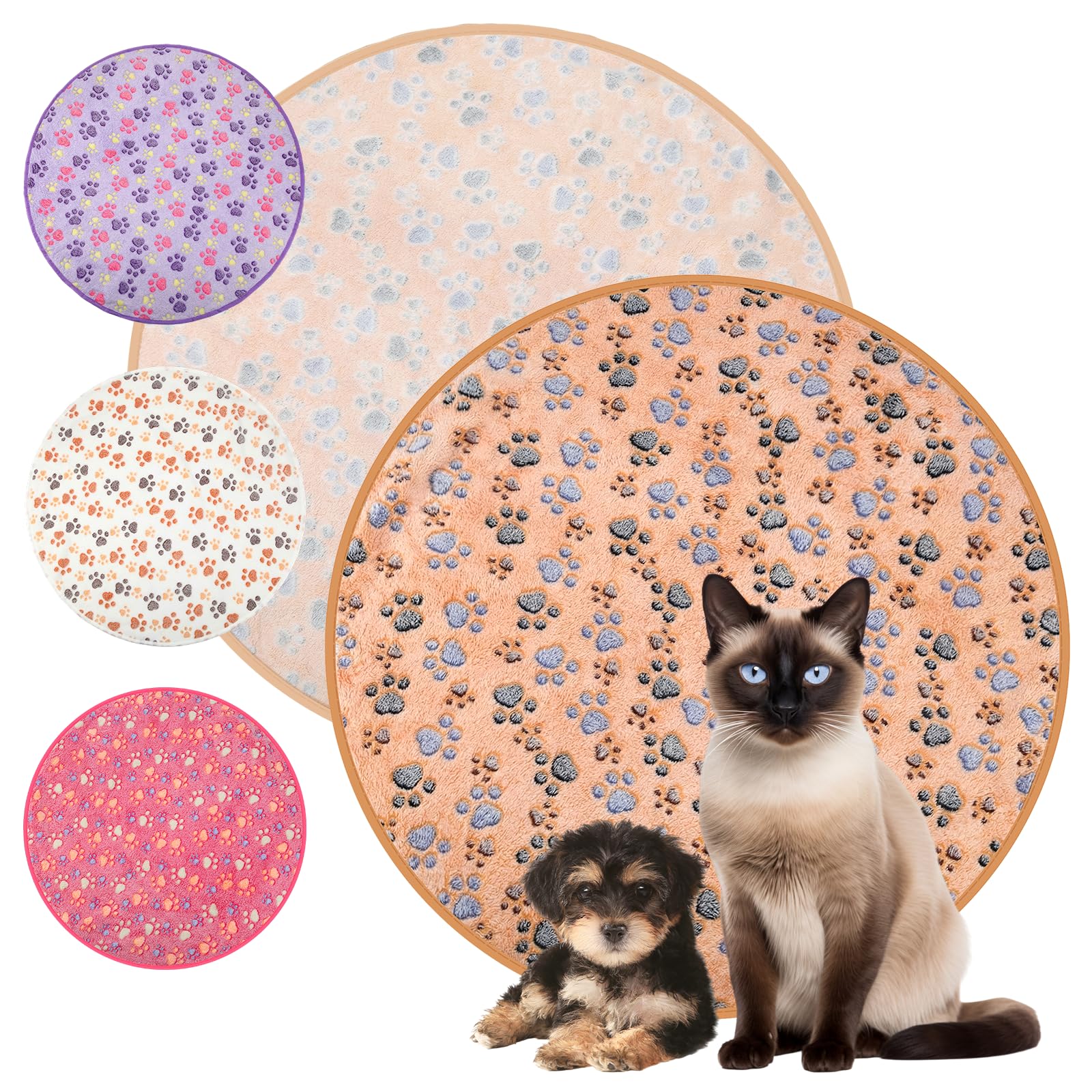 Tatuo 4 Pcs Dog Blanket for Pet Puppy Teething Toys Paw Print Fleece Blanket for Pet Cat Soft Warm Sleep Mat Guinea Pig Cage Mat (White, Coffee, Pink, Purple,29 x 29 Inches,Round) โ image 1