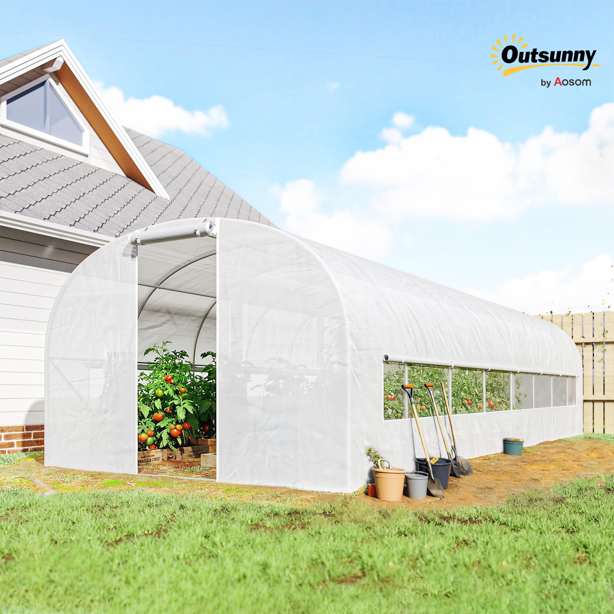 Outsunny Serre Tunnel de Jardin 24m², Serre de Jardin Tunnel 295x798x198cm avec Cadre en Acier galvanisé, Portes et 2 Grandes fenêtres, bâche PE Haute densité 140 g/m² prolongée de 20 cm, Blanc