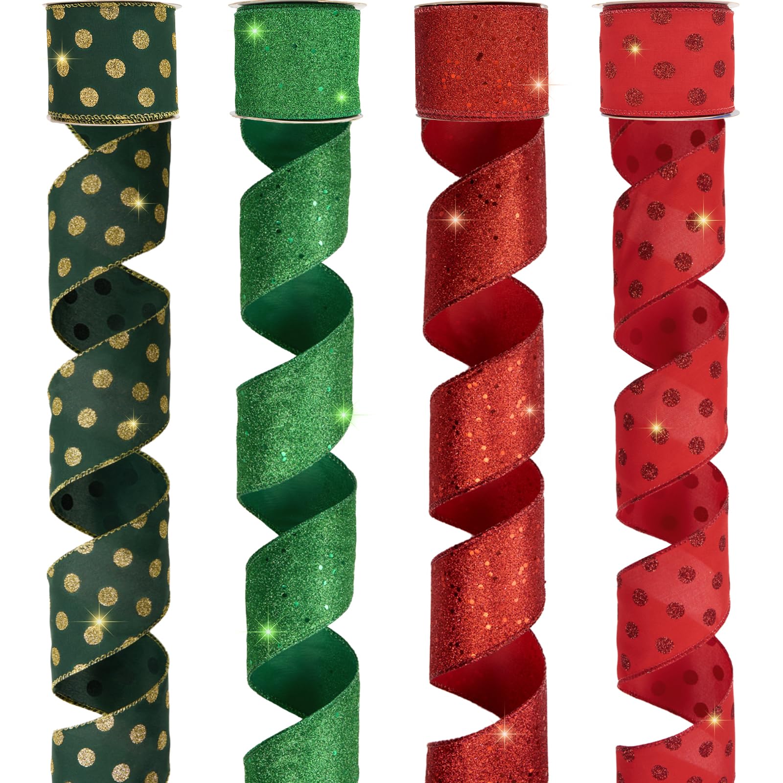 PAPER FAIR 4 rolki 32 jardów czerwono-zielony brokatowy świąteczny zestaw wstążek przewodowych, 6,5 cm x 25 m, satynowa wstążka jutowa do dekoracji choinki, pudełko do pakowania prezentów, kokarda,