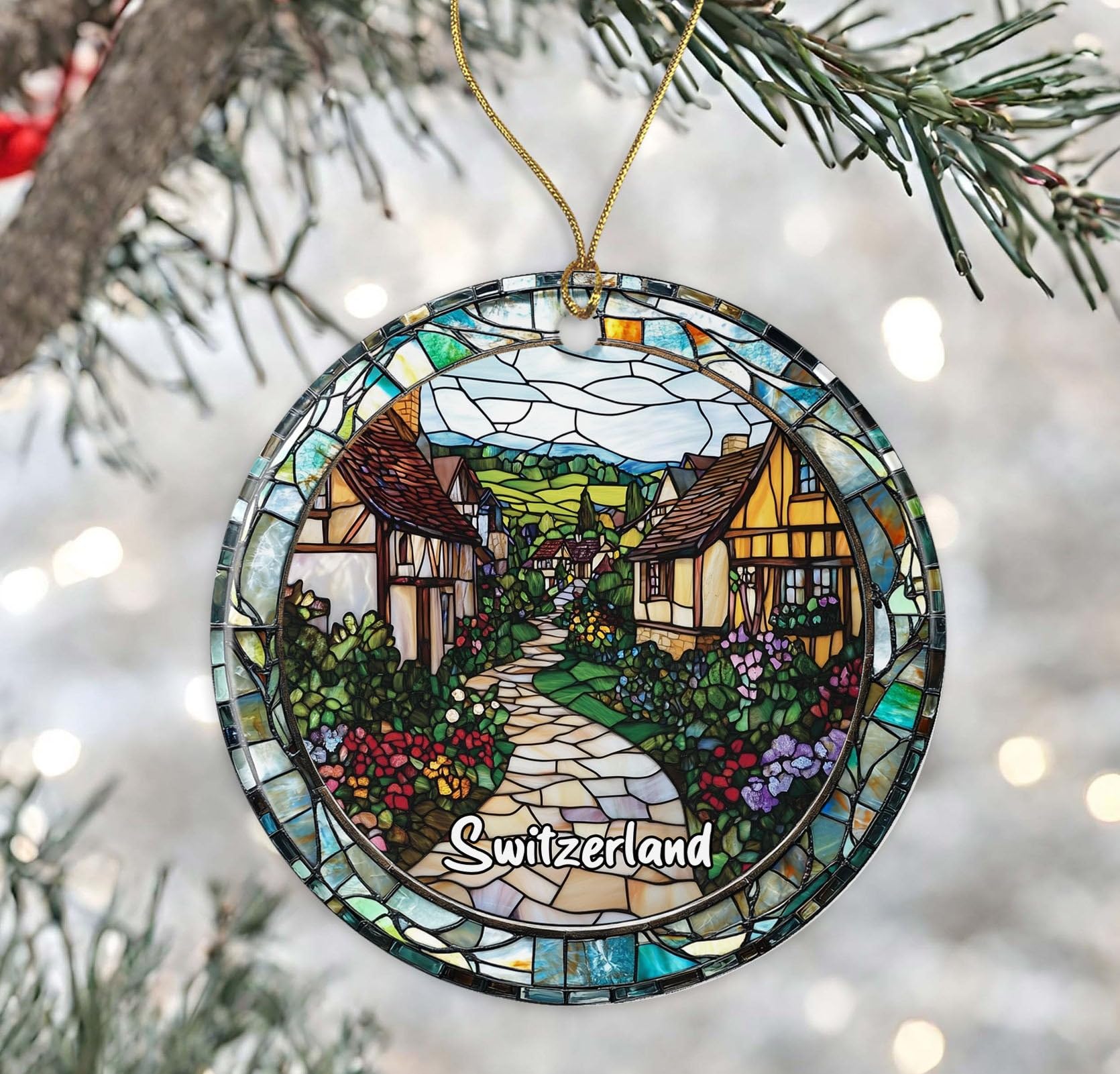 Photo 1 of Switzerland Stained Glass Xmas Ornament - Gift for Switzerland Lovers, Travel Keepsake, Vacation Memento - Printed on Both Sides