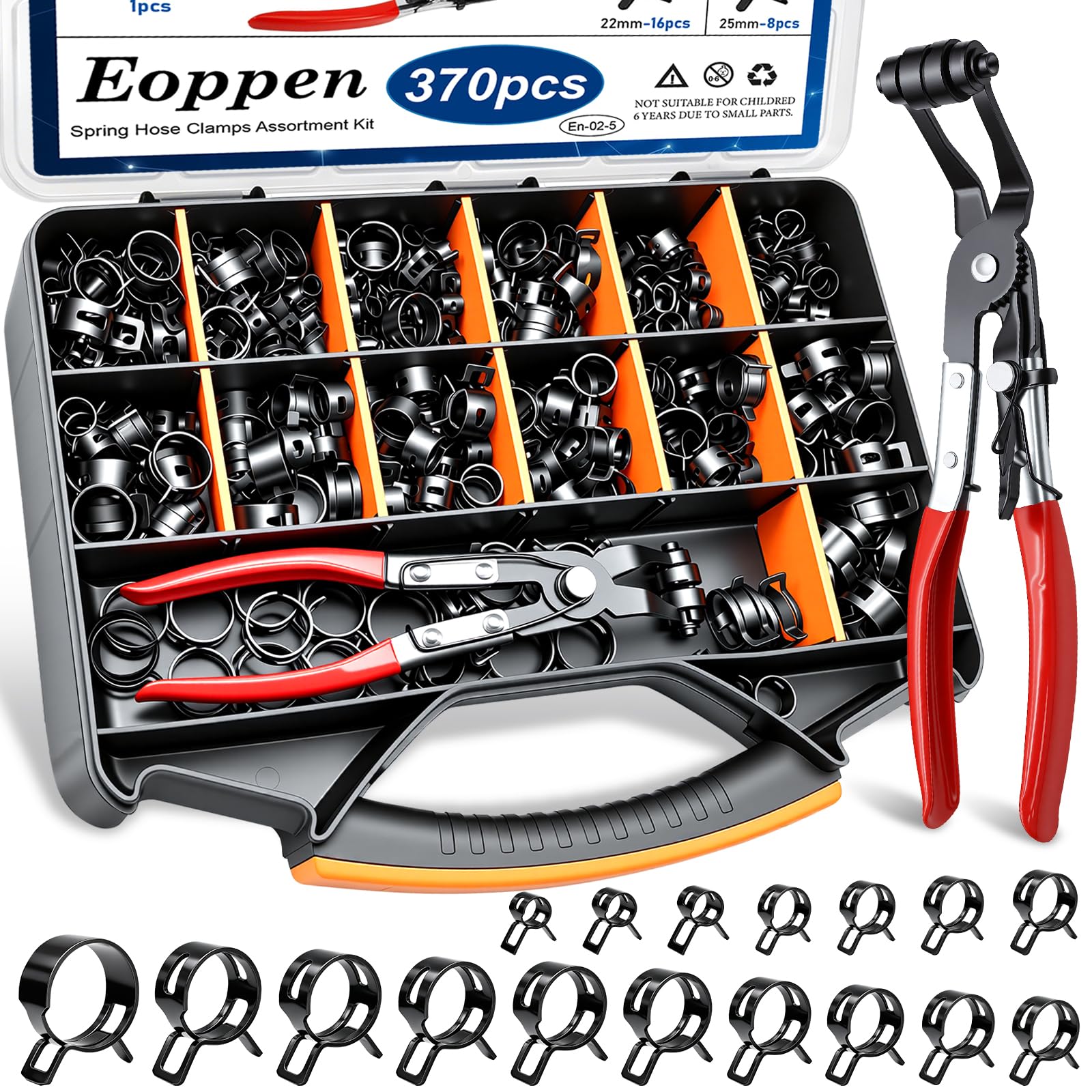 370Pcs 6-25mm Spring Hose Clamps Assortment Kit with 45° angle Hose Clamp Plier - 17 Sizes Constant Tension Hose Clamps for Fuel Line Silicone Vacuum Hose Low Pressure Air Clamps