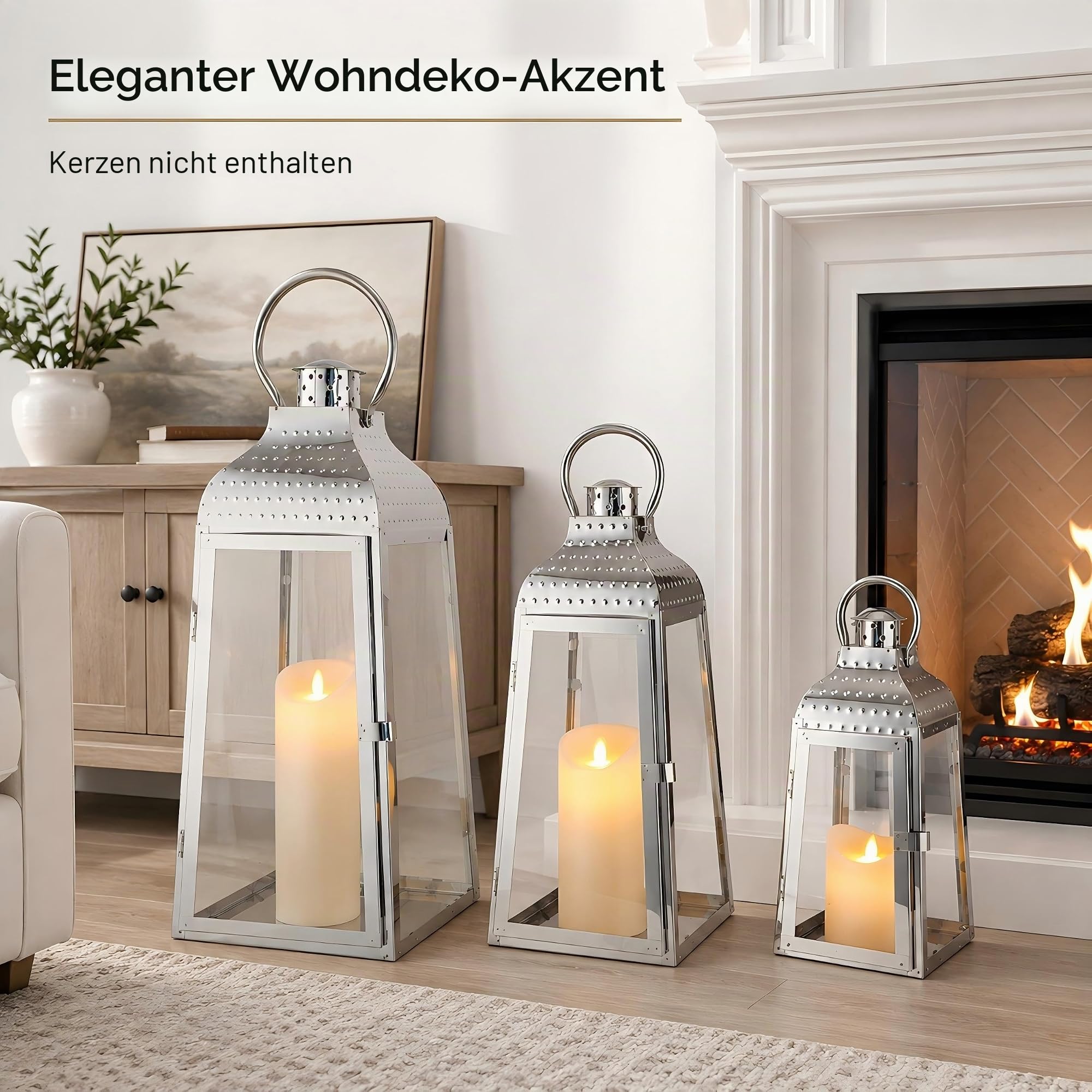 TRIROCKS 3er-Set Kerzenlaternen aus Edelstahl 52 cm & 41 cm & 30 cm Hoch Dekorative Kerzenhalter mit Gehärtetem Glas für Drinnen Draußen Veranda Garten Partys Hochzeiten Veranstaltungen (Silber)