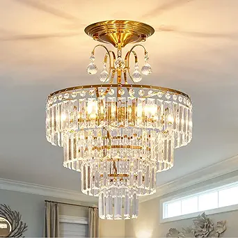 CVKASH 5 -Lights Crystal Gold Chandelier Fixture Modern Semi Flush Mount Ceiling Light with E12 Ceiling Lighting for Bedroom Living Room Kitchen Hallway Dining Room,D15.35 x H20.07