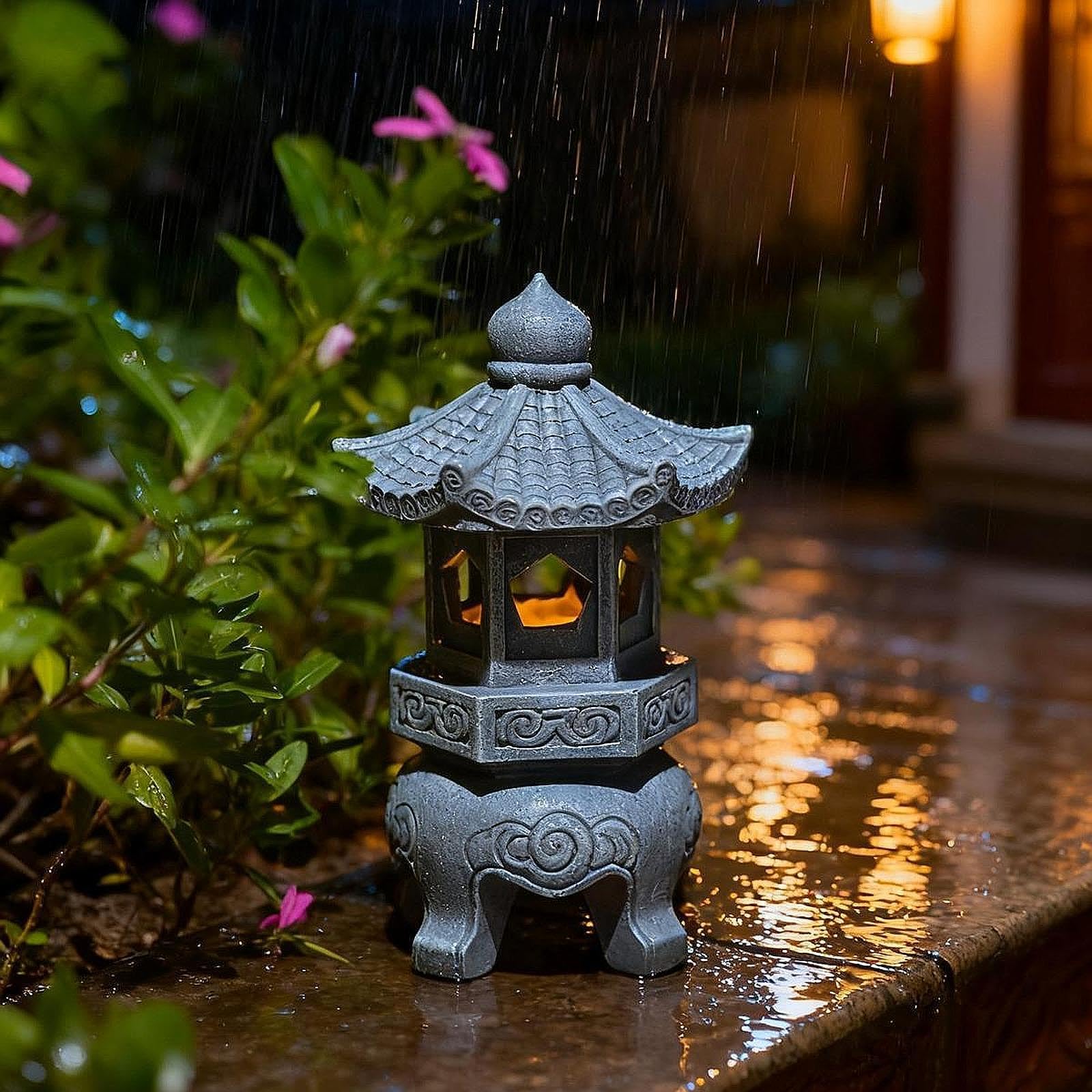 Pagoda Estatua de Jardín Escultura Solar Ornamento de Paisaje de Resina Función Decorativa Resistente Adecuada para Jardín Balcón Patio Porch, 12 X 12 X 26 Cm