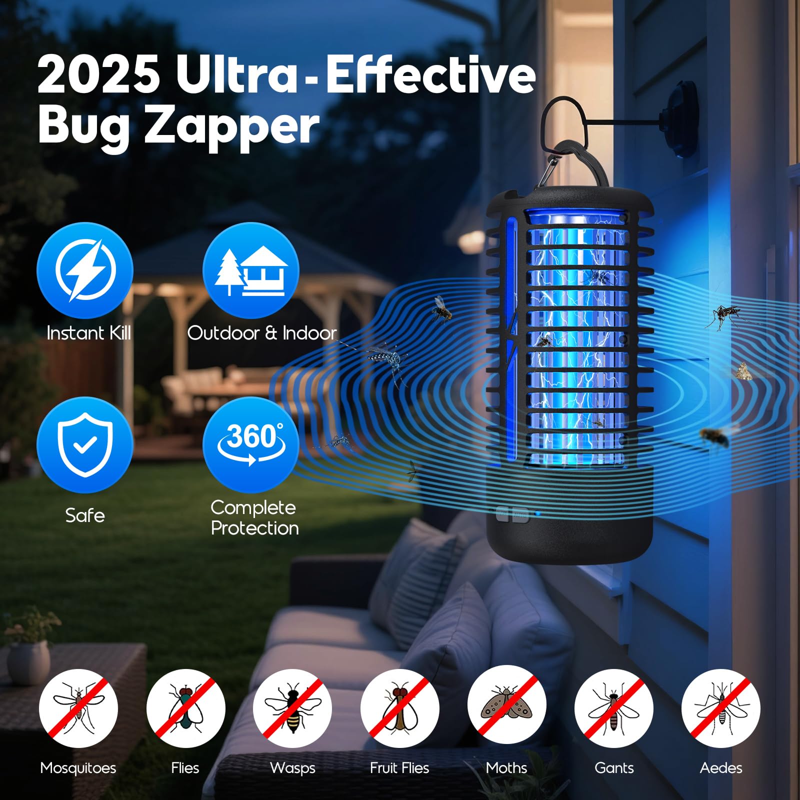 Lampada Antizanzare Elettrica, Anti Zanzare 3000V UV, Anti Mosche LED Sospendibile, IPX4 Impermeabile Insektenvernichter da Interno ed Esterno, Lampada Zanzare con Gancio (Nero)