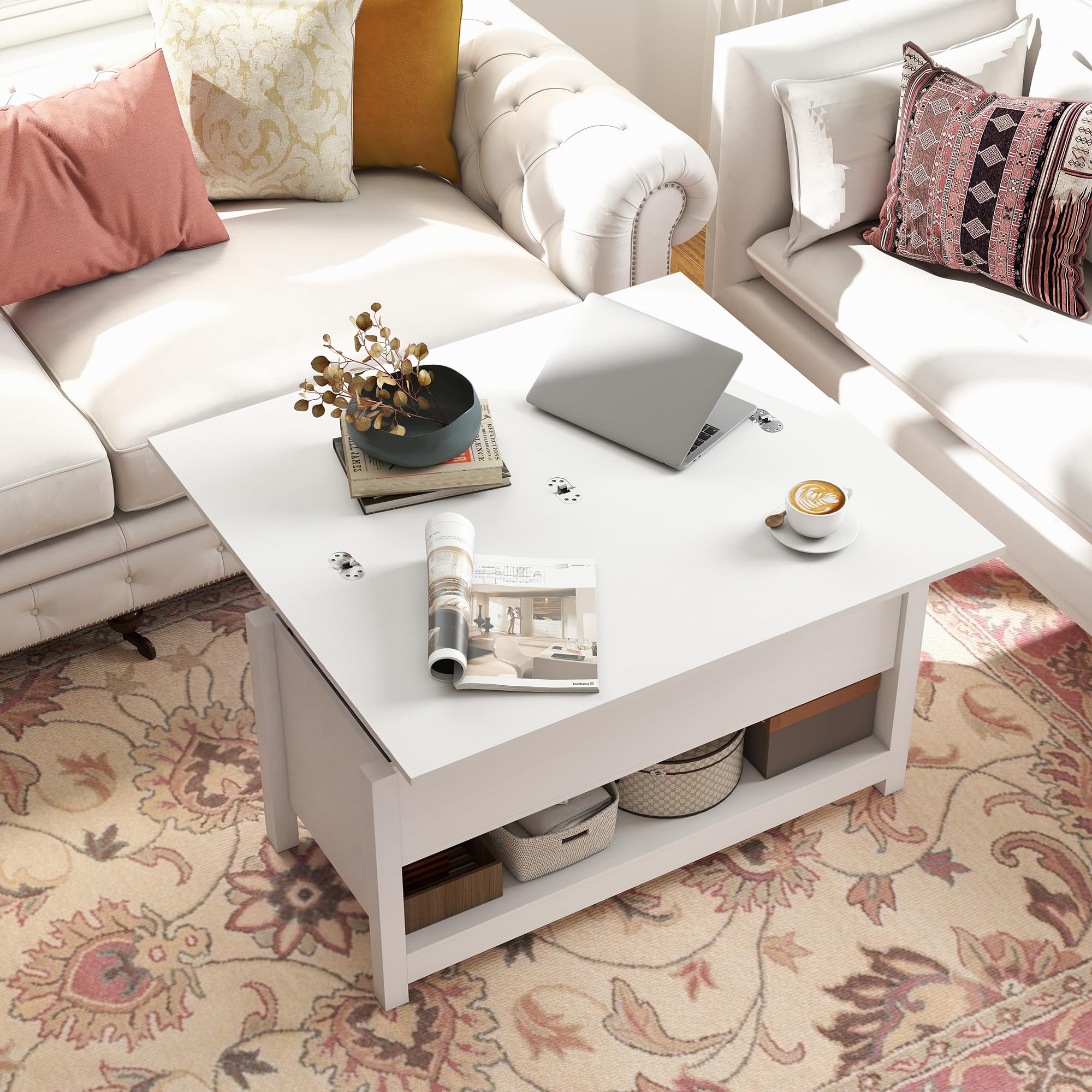 HOMCOM Mesa de Centro Elevable y Extensible Comedor 100x90x64 cm Blanco | Mesa de Salón con Compartimentos Ocultos, Estante Abierto, para Oficina
