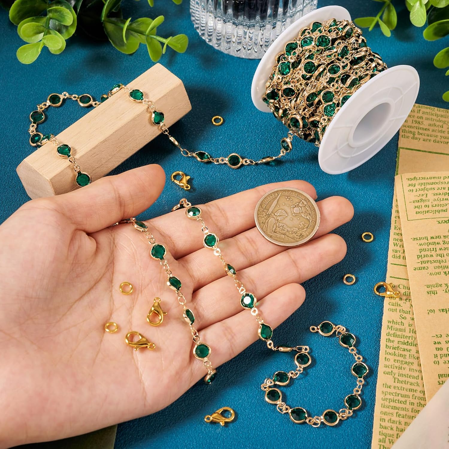 Pandahall 16.4 Feet Green Rhinestone Jewelry Chains Glass Crystal Gold Chains Flat Round Link Brass Chains with Jewelry Findings for Bracelet Necklace Jewelry Making - Image 5