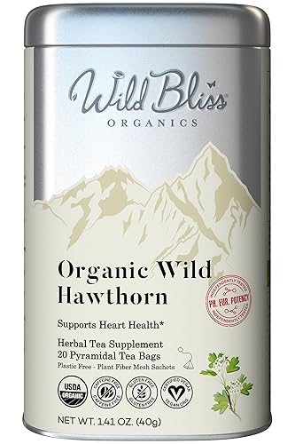 Wild Bliss Té de hierbas orgánico de hojas de espino y flores, sin cafeína, potencia de farmacopea, 20 bolsas de té