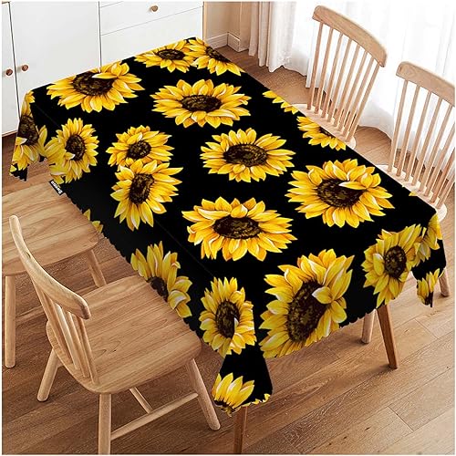 Swono Mantel de girasoles de 52 x 70 pulgadas, color amarillo y negro, diseño de girasoles con girasoles, para mesa de comedor, granja, antimanchas,