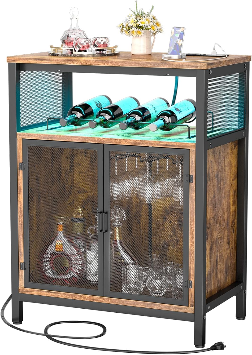 Unikito Wine Bar Cabinet with RGB Light and Outlet, FreeStanding Wine Rack Table, Liquor Cabinet with Glass Holder, Floor Bar Cabinet for Liquor and Glasses for Home Kitchen Dining Room, Rustic Brown