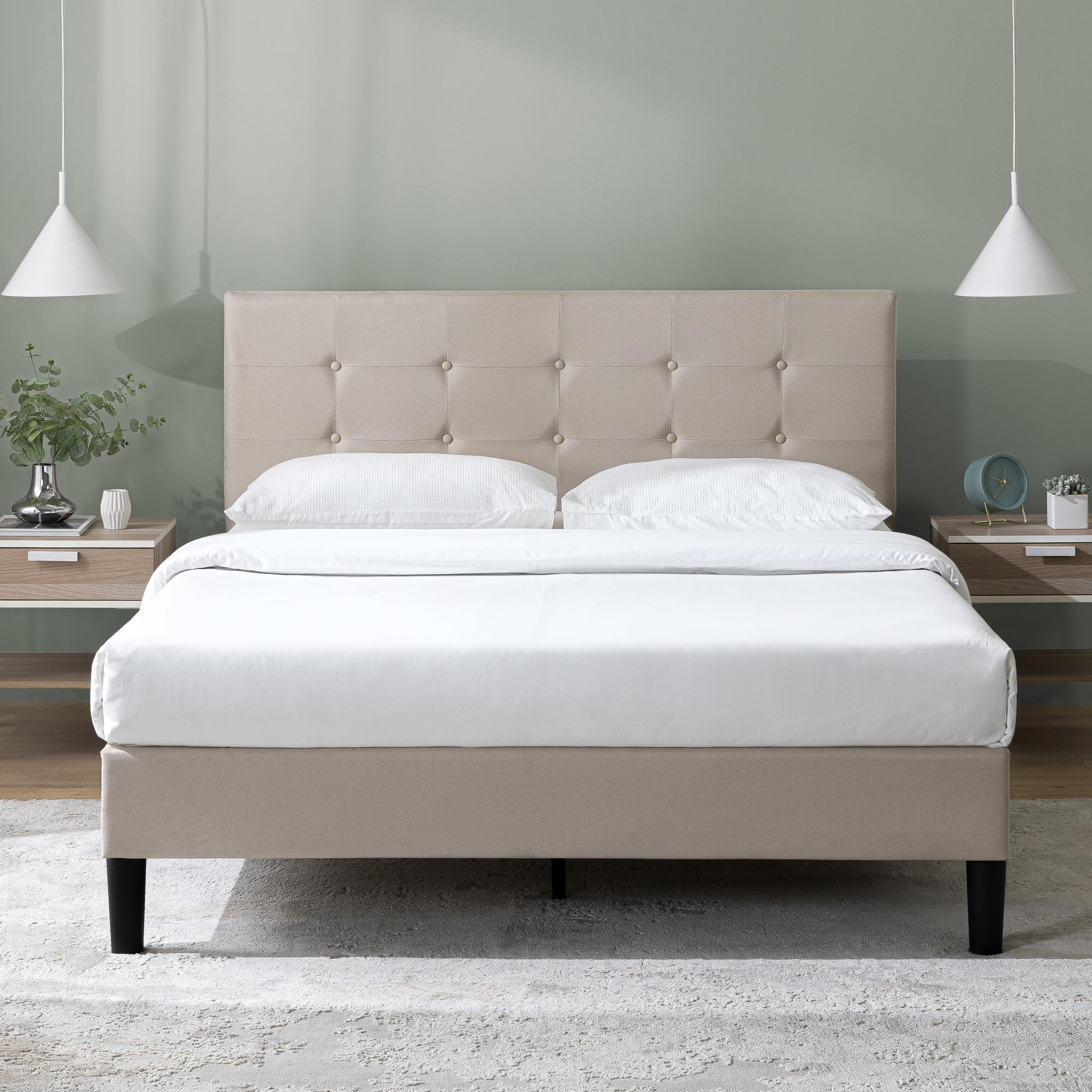 Zinus Ibidun Full Upholstered Platform Bed Frame with detailed dimensions