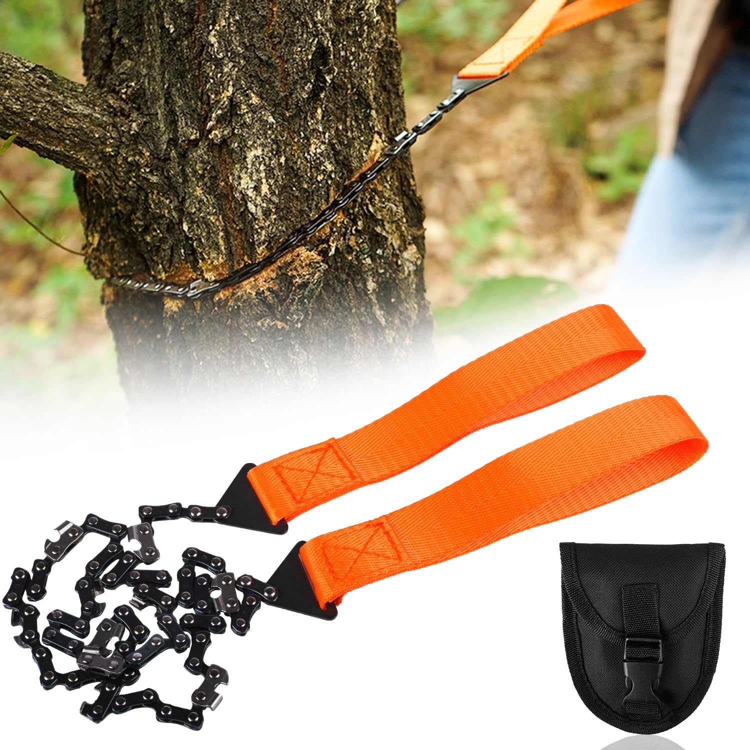 Sierra de Cadena de Mano Portátil 65 cm Acero al Carbono | Motosierra de Bolsillo, Sierra de Alambre, Con Bolsa para Cinturón, Para Senderismo y Camping