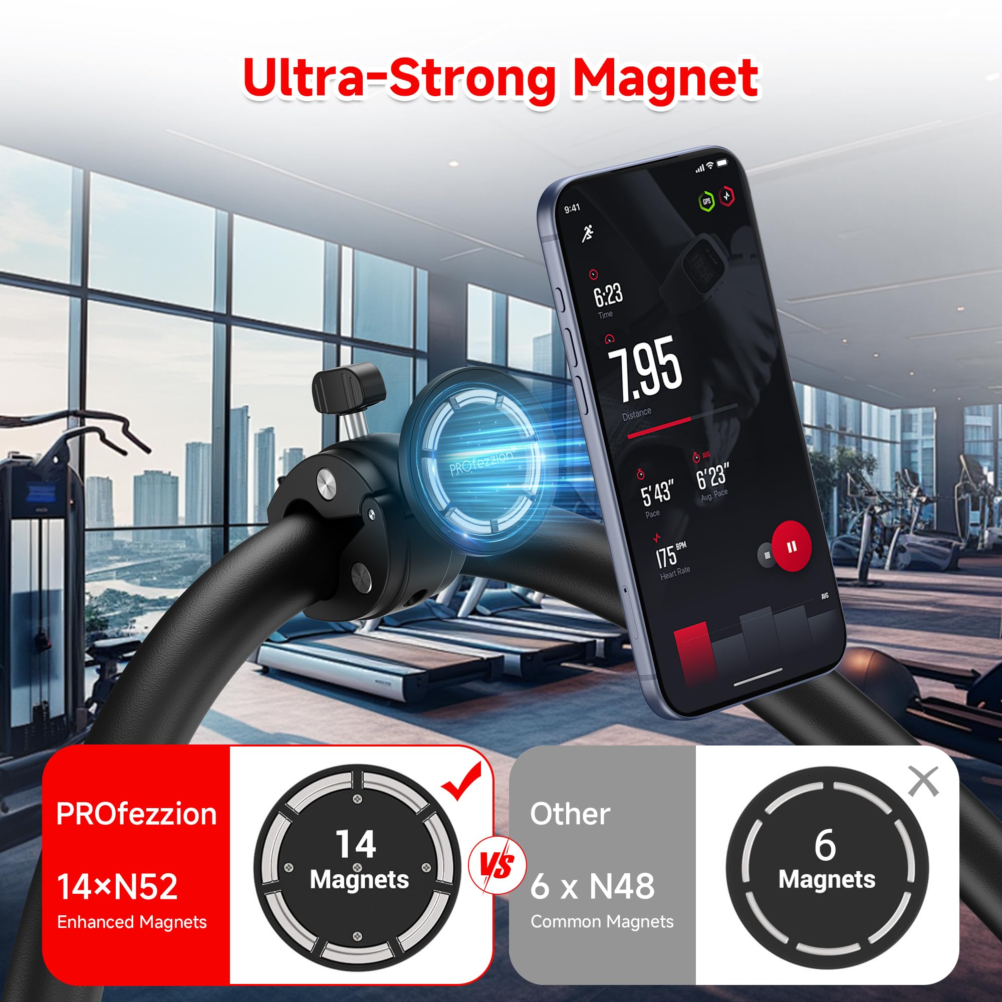 PROfezzion Mag-Safe Handyhalterung Metall, Handy Halterung für Fahrrad Lenker, Laufband, Treadmill, Fitnessstudio, Kinderwagen, Rennrad, Fahrradlenker für iPhone 17 16 15 14 13 Pro Max & alle Handys
