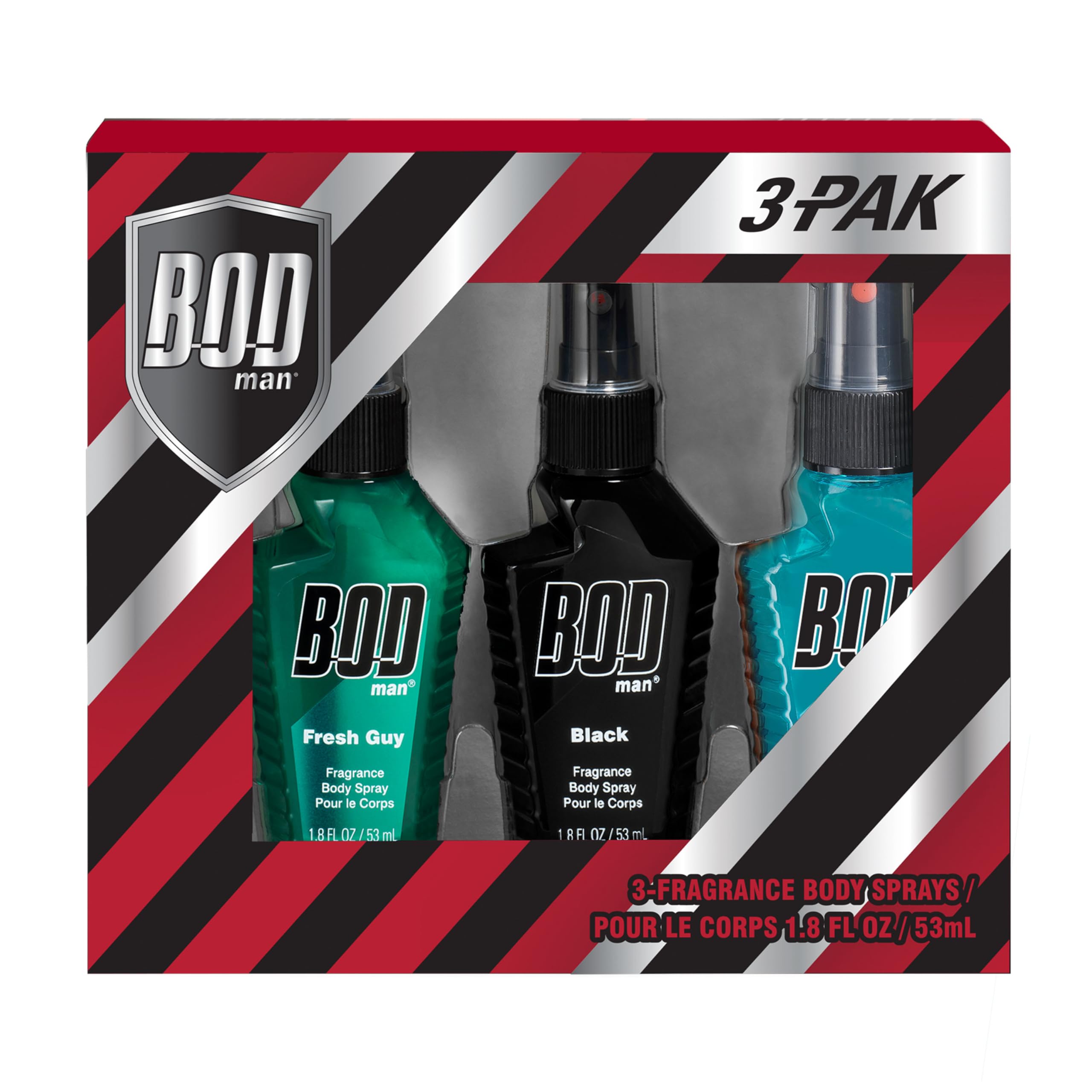 BOD man Body Spray Holiday Gift Set for Him - 3 Piece Variety Sampler (Black, Fresh Guy, Blue Surf), Perfect for Stocking Stuffers