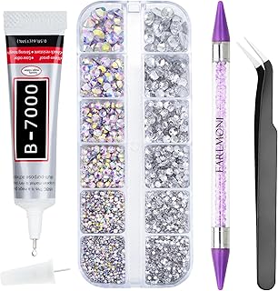 2800PCS Rhinestones with 15ml B-7000 Rhinestone Glue, Pick Up Tweezers, Rhinestone Picker Pen, 6 Sizes Silver AB Crystal Nail Gems for DIY Crafts Clothing Tumblers Shoes Fabric Nail Art