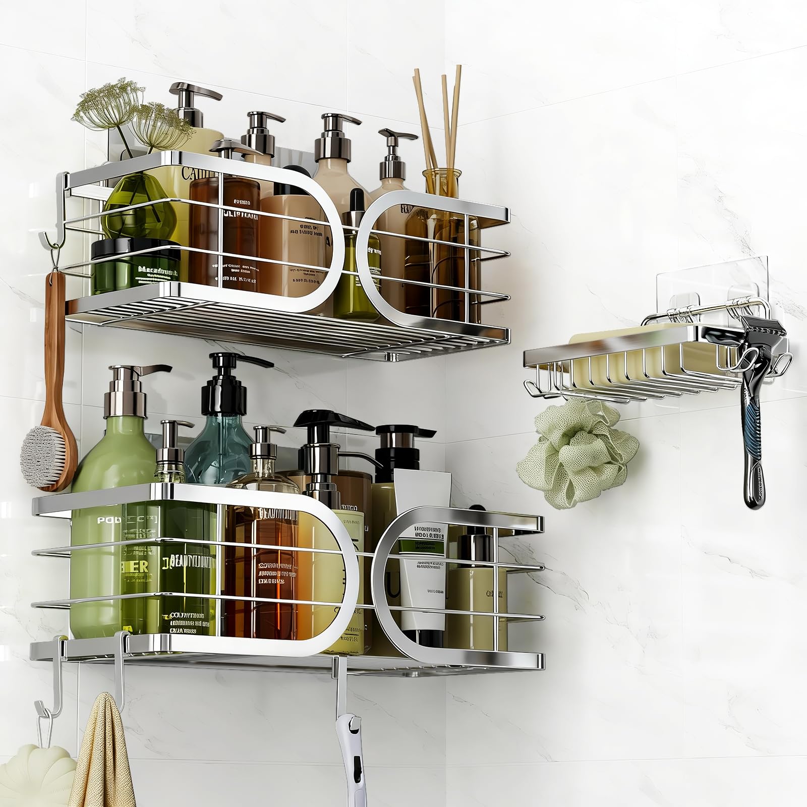 Adurei Shower Caddy 3 Pack with Soap Holder No Drill Wall Mounted 304 Stainless Steel Durable Large Capacity Adhesive Shower Rack Organiser Quick Dry Rustproof Bathroom Storage Shelves(Silver)