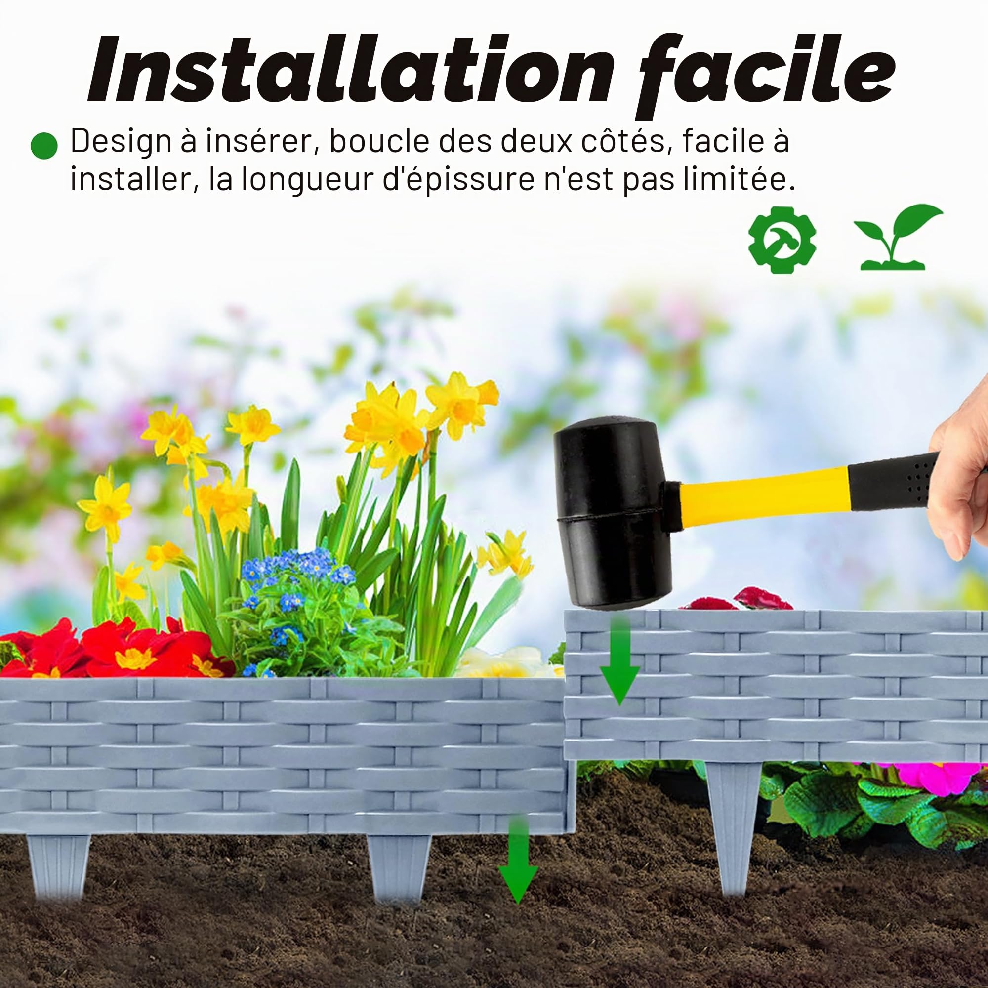 Aufun Bordure de jardin en plastique de 5 m en aspect rotin avec 5 éléments de 100 cm, design flexible pour délimitation de parterre de fleurs, courbe pour coupe de gazon, bordure de plate-bande pour