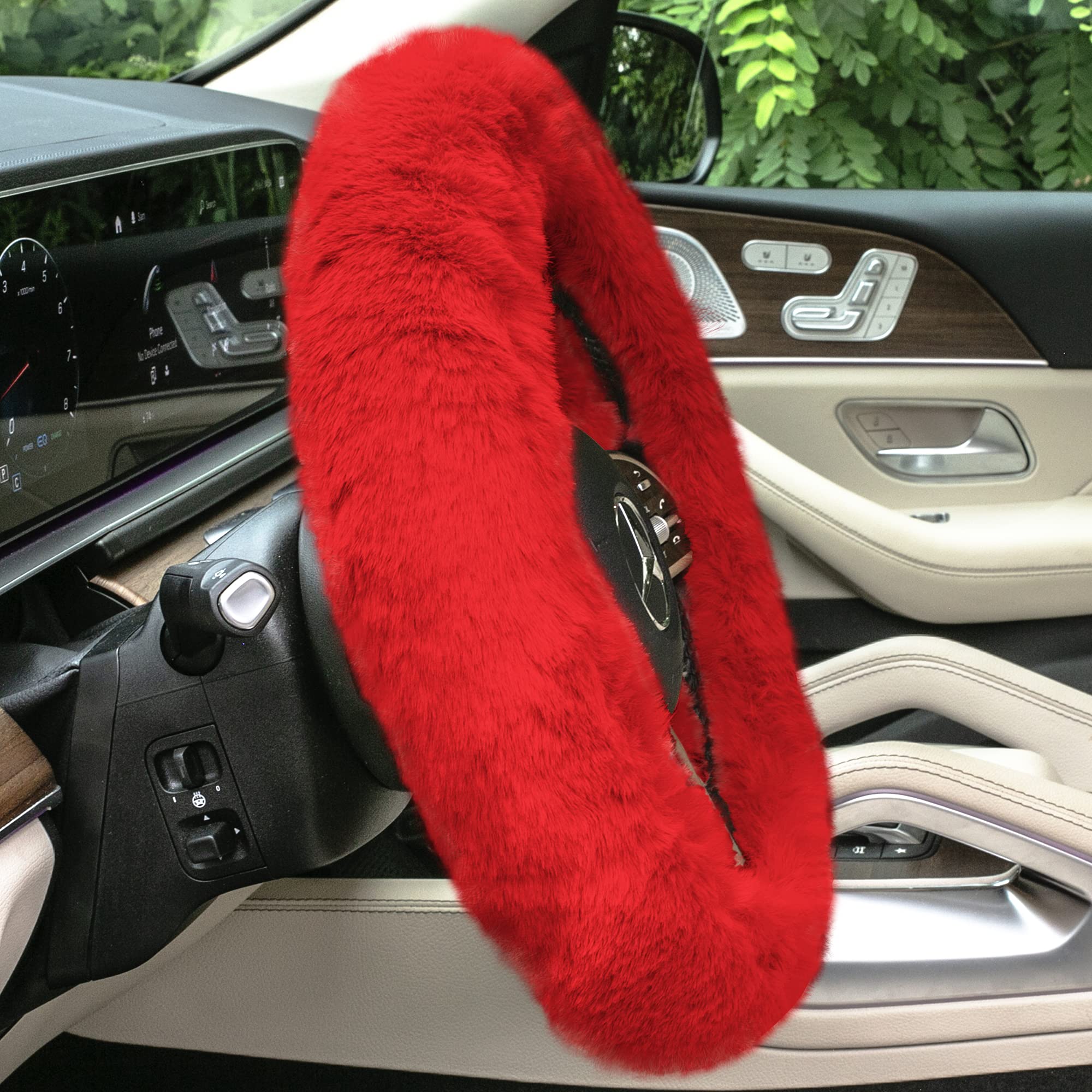 Doe16 Faux Rabbit Fur Steering Wheel Cover Red