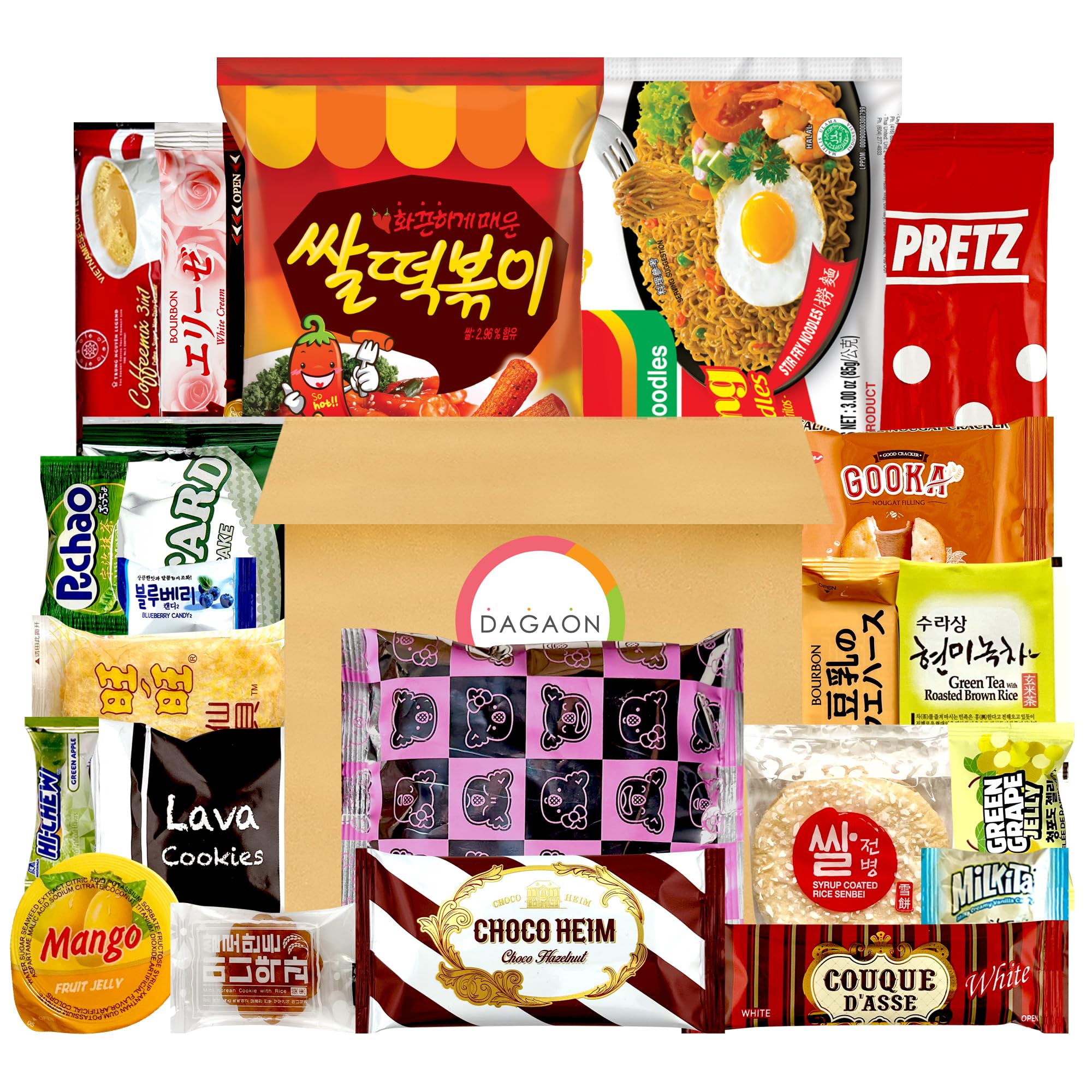 Dagaon Asian Snack Box 22 Count - Snacks from Korea, Japan, China, Indonesia, Taiwan, Vietnam, Etc. Assortment of Chip, Ramen, Biscuits, Cookies, Pies, Crackers, Candies and Much More.